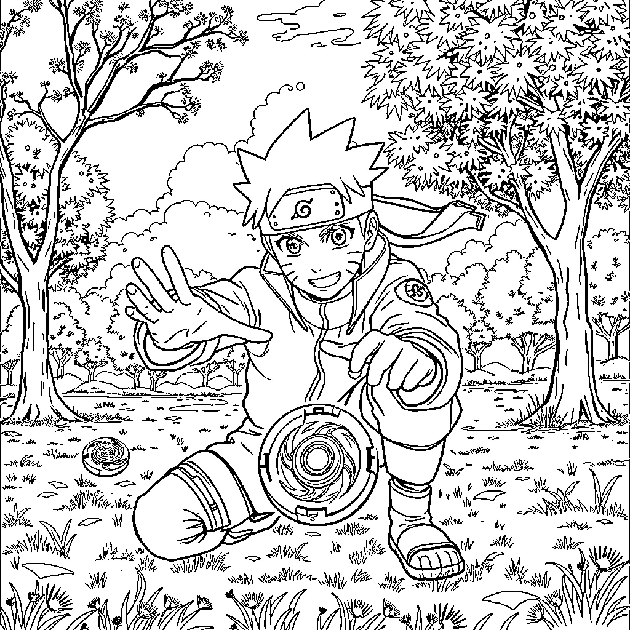 Naruto unleashing ninja technique in forest landscape Coloring Page (free black-and-white line drawing printable PDF for all, from beginners to advanced learners, including children, teens, adults, and seniors)