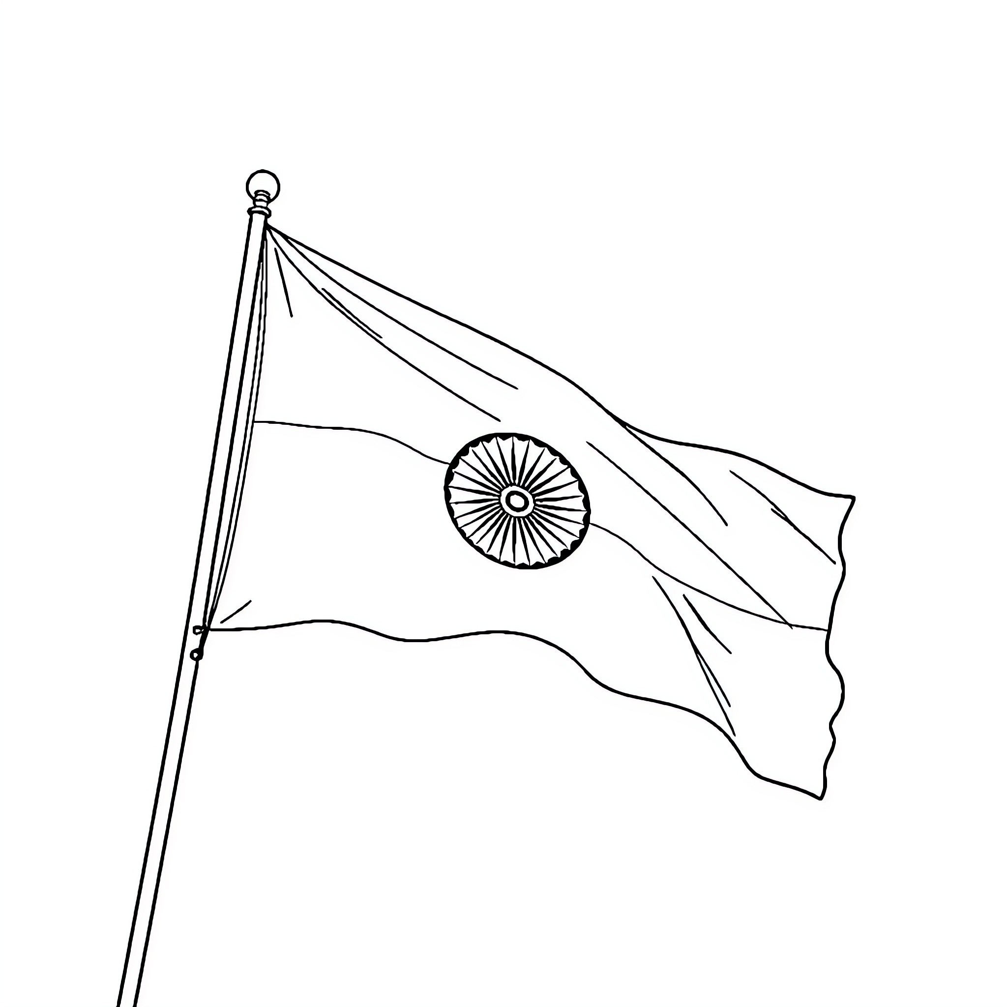 Indian Flag Waving Proudly in the Wind Coloring Page (free black-and-white line drawing printable PDF for all, from beginners to advanced learners, including children, teens, adults, and seniors)
