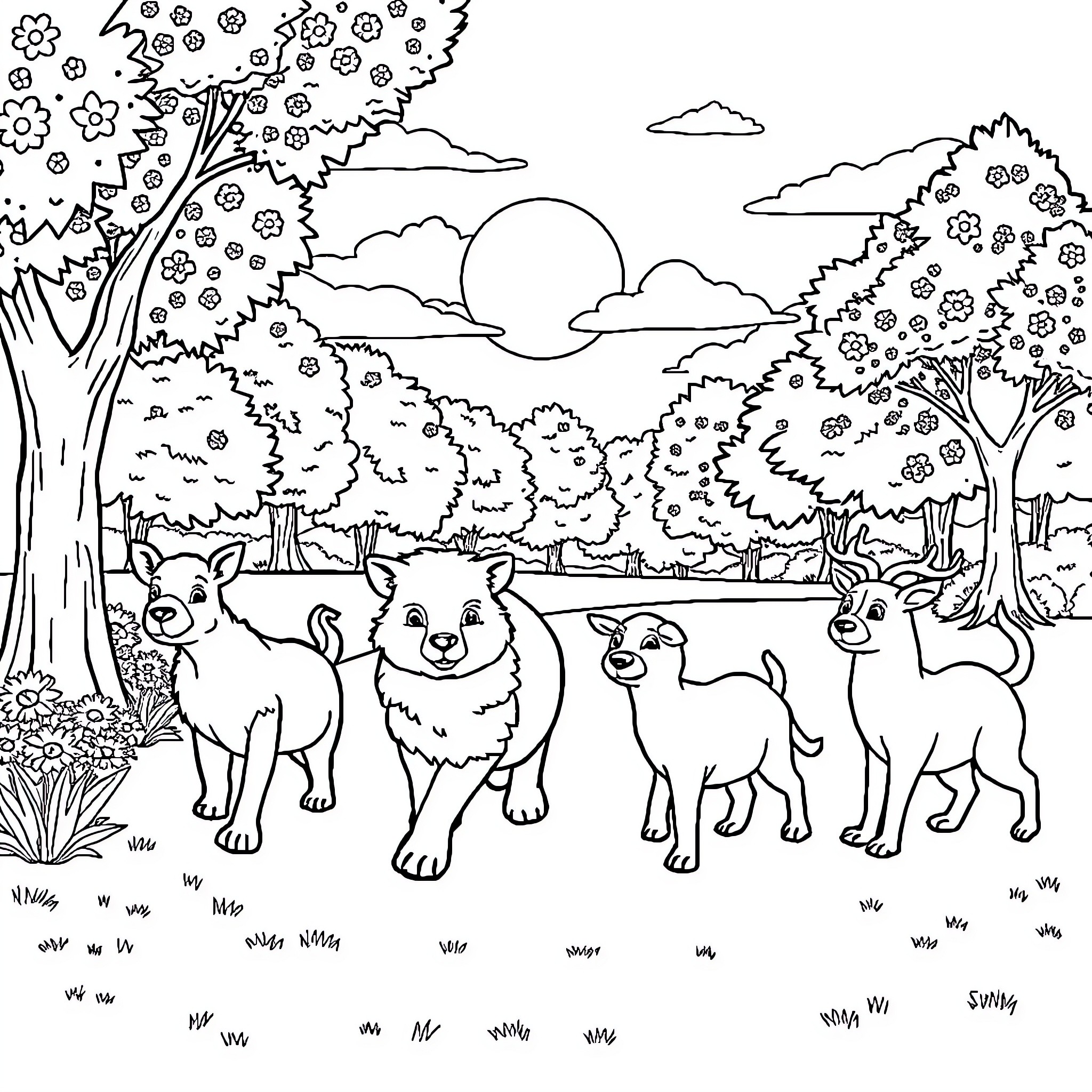 Animal forest with playful creatures Coloring Page (free black-and-white line drawing printable PDF for all, from beginners to advanced learners, including children, teens, adults, and seniors)