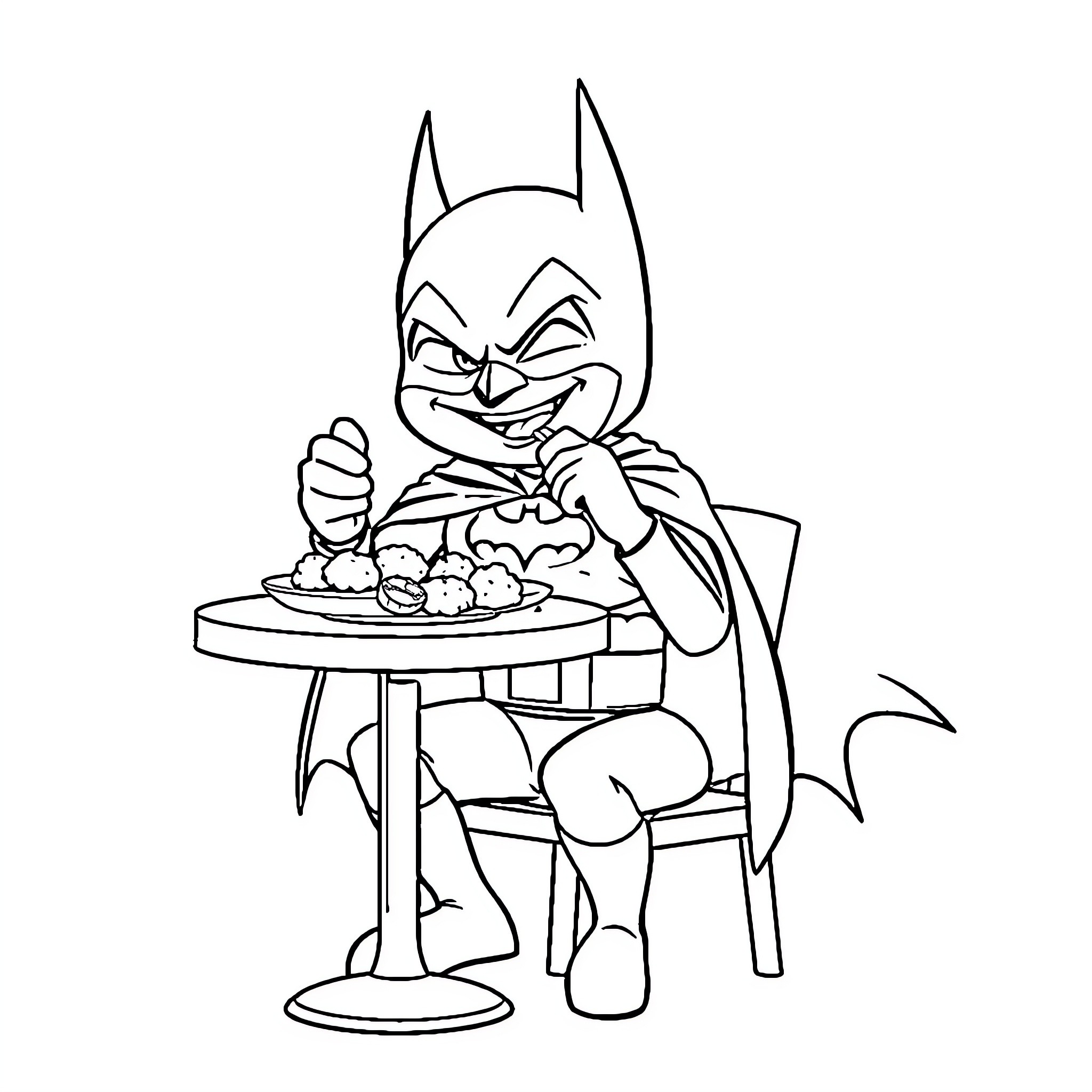 Batman Enjoying a Delightful Meal Coloring Page (free black-and-white line drawing printable PDF for all, from beginners to advanced learners, including children, teens, adults, and seniors)
