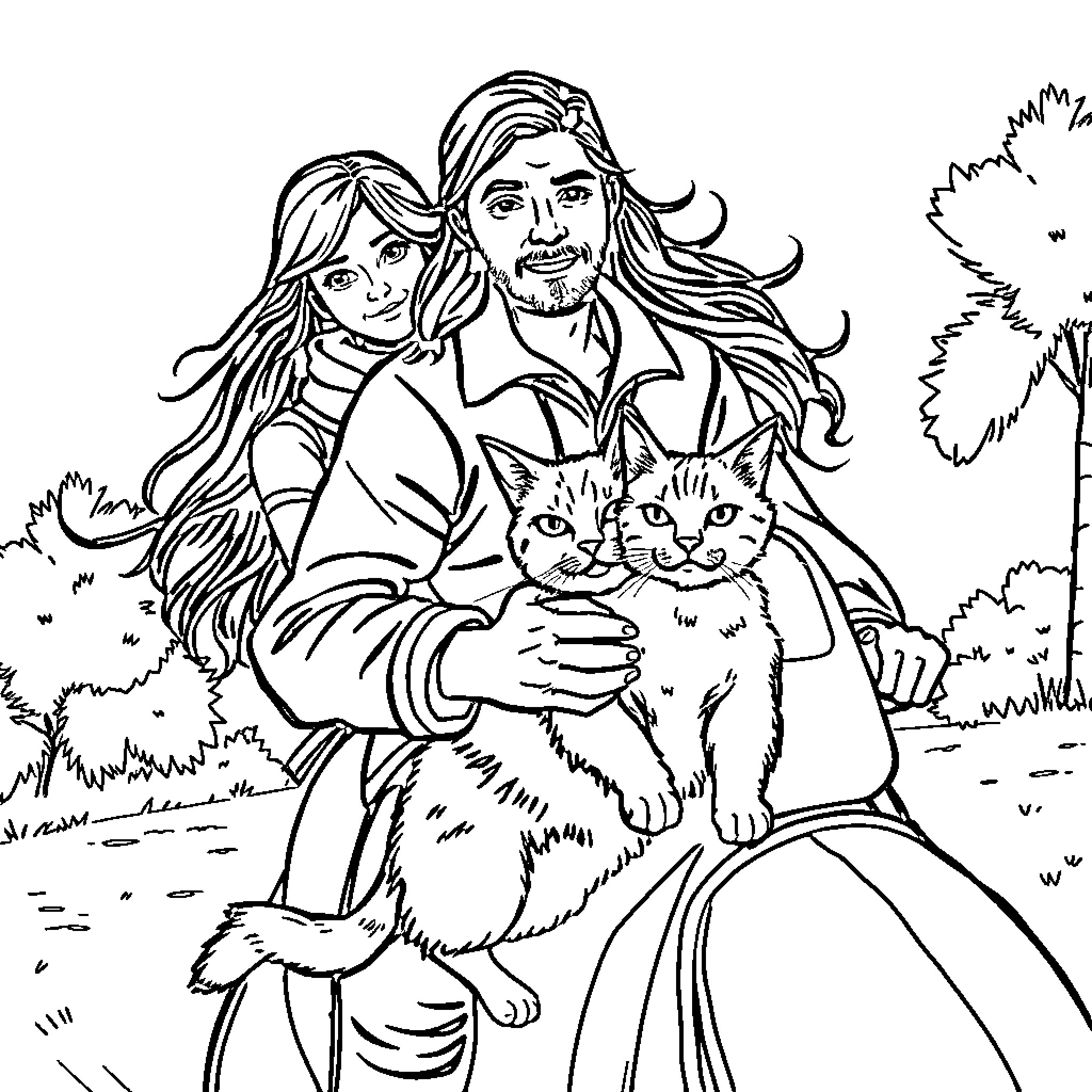 Cat and Companion Enjoying Outdoor Scene Coloring Page (free black-and-white line drawing printable PDF for all, from beginners to advanced learners, including children, teens, adults, and seniors)