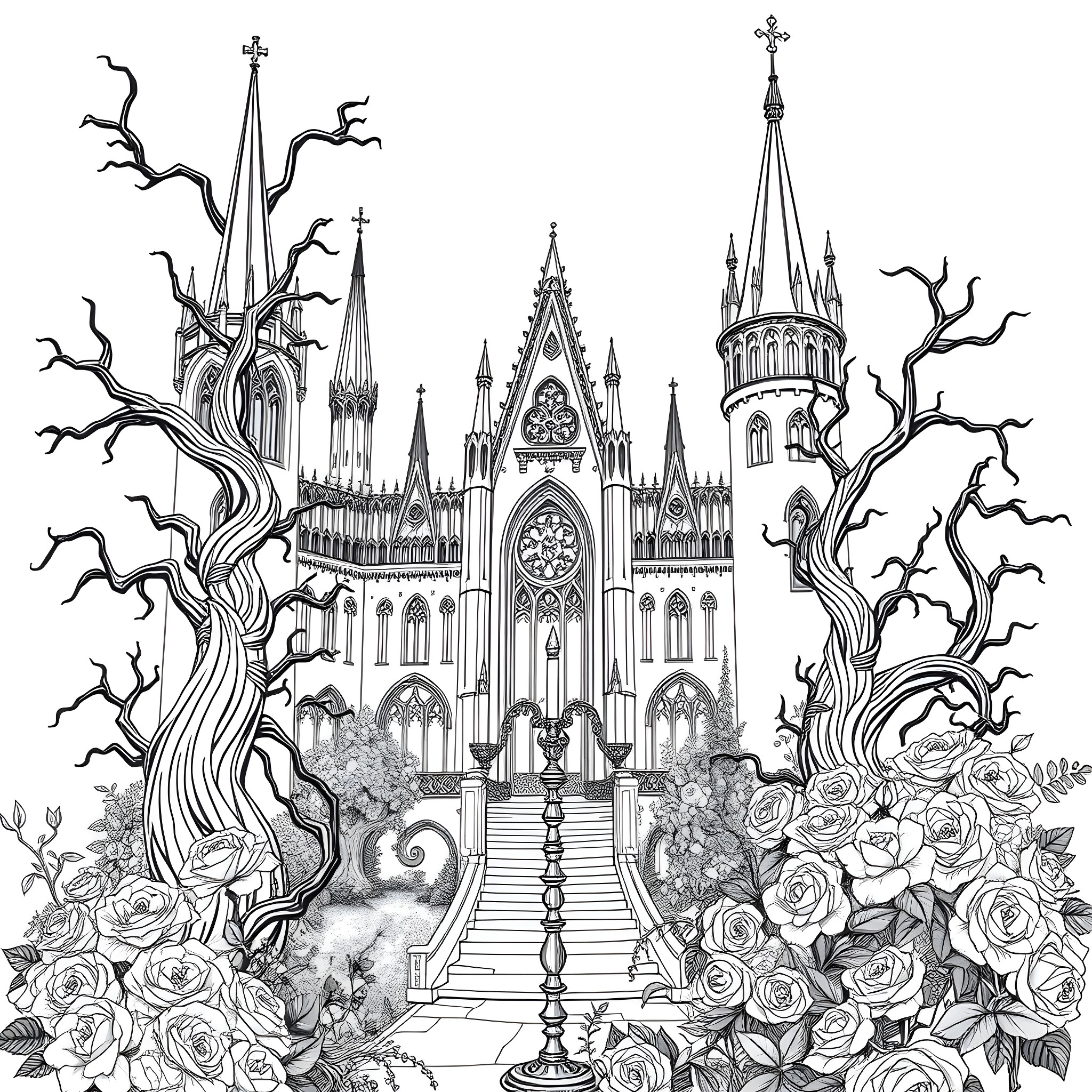 Gothic Castle with Intricate Architecture and Lush Floral Scenery Coloring Page (free black-and-white line drawing printable PDF for all, from beginners to advanced learners, including children, teens, adults, and seniors)