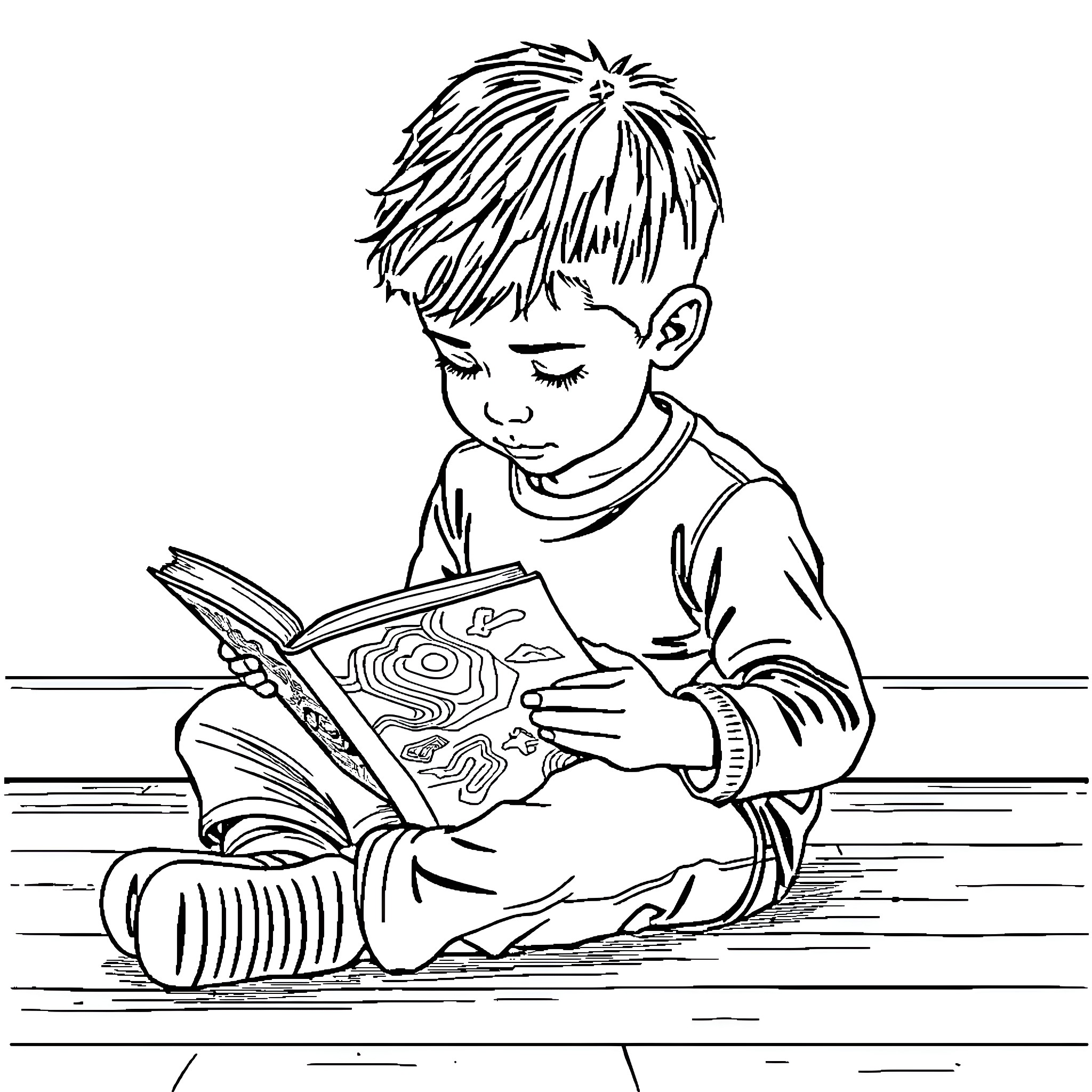 Boy reading a book intently on the floor Coloring Page (free black-and-white line drawing printable PDF for all, from beginners to advanced learners, including children, teens, adults, and seniors)