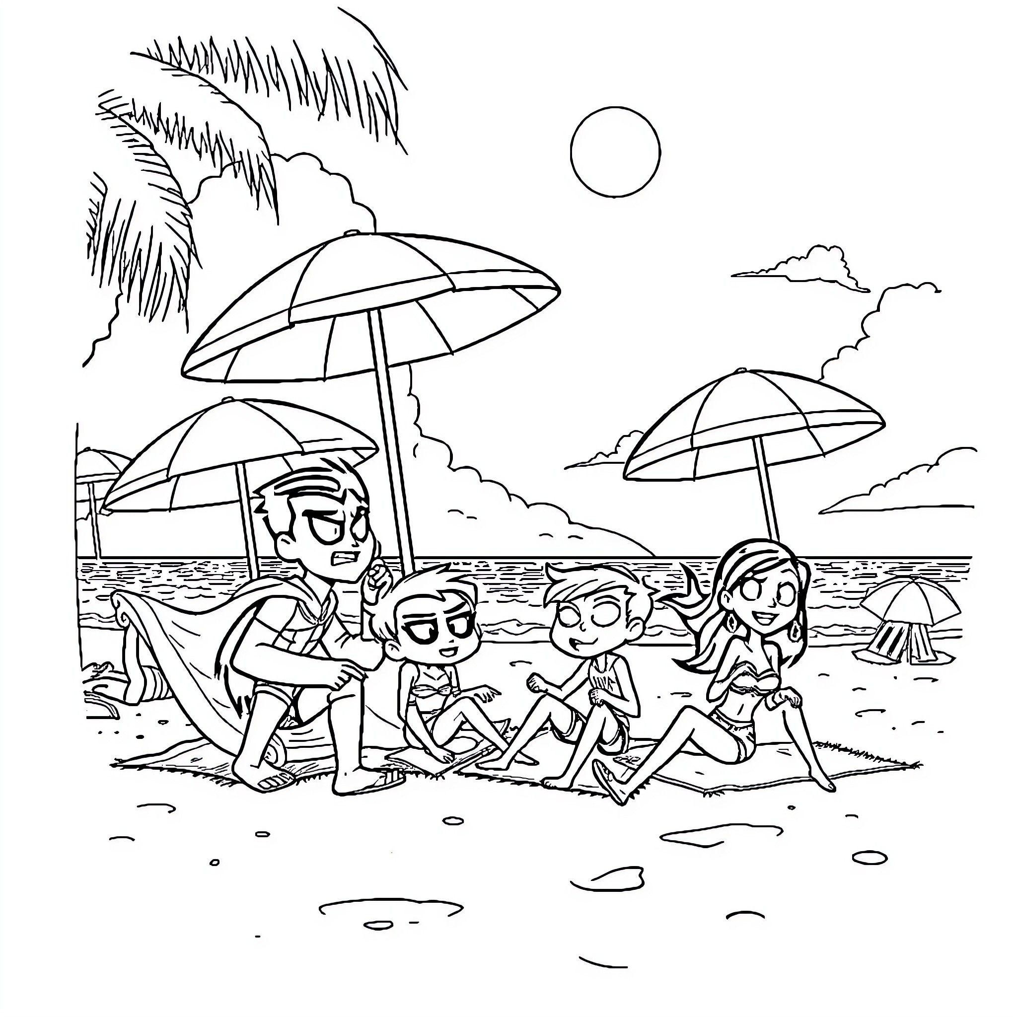Teen Titans enjoy a sunny beach day Coloring Page (free black-and-white line drawing printable PDF for all, from beginners to advanced learners, including children, teens, adults, and seniors)