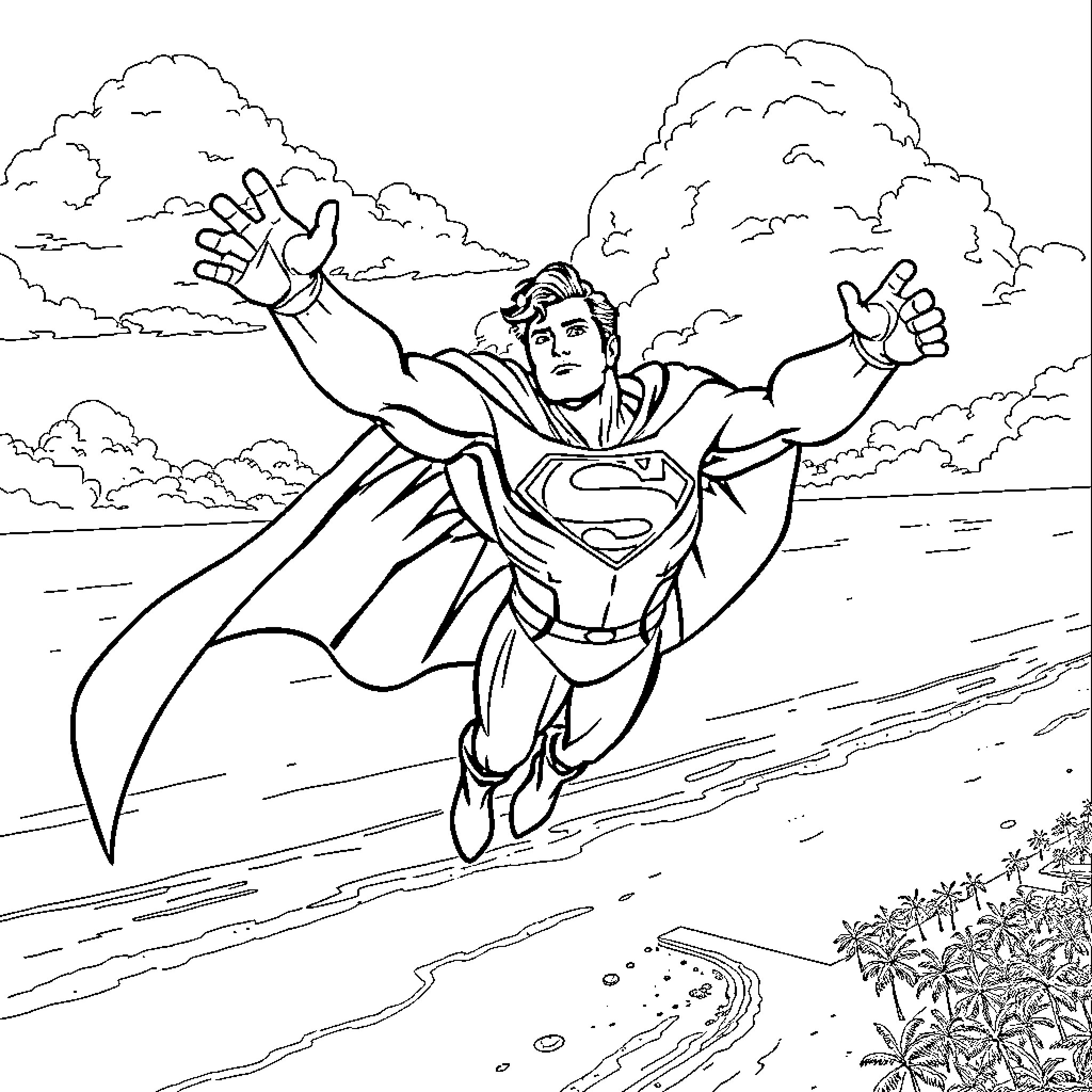 Superman soaring through the skies on heroic mission Coloring Page (free black-and-white line drawing printable PDF for all, from beginners to advanced learners, including children, teens, adults, and seniors)