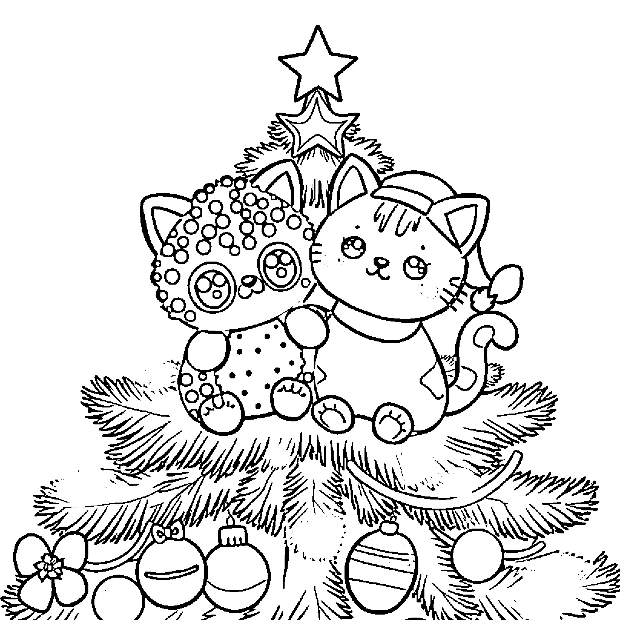 Keroppi playing with Christmas ornaments on a tree Coloring Page (free black-and-white line drawing printable PDF for all, from beginners to advanced learners, including children, teens, adults, and seniors)
