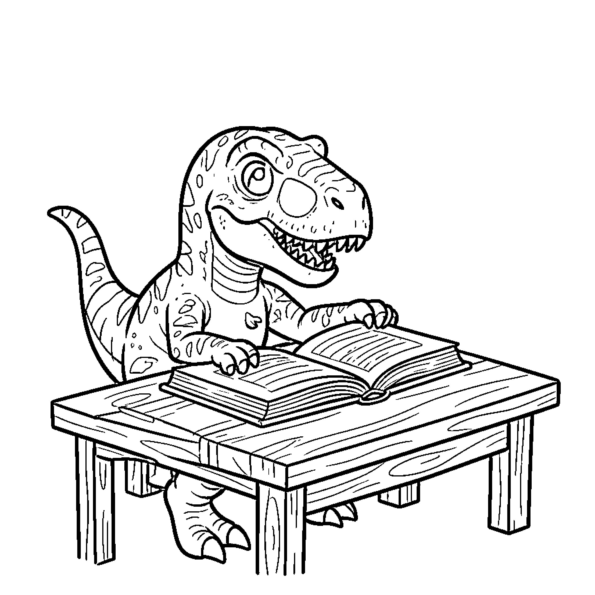 T-Rex reading book at desk Coloring Page (free black-and-white line drawing printable PDF for all, from beginners to advanced learners, including children, teens, adults, and seniors)