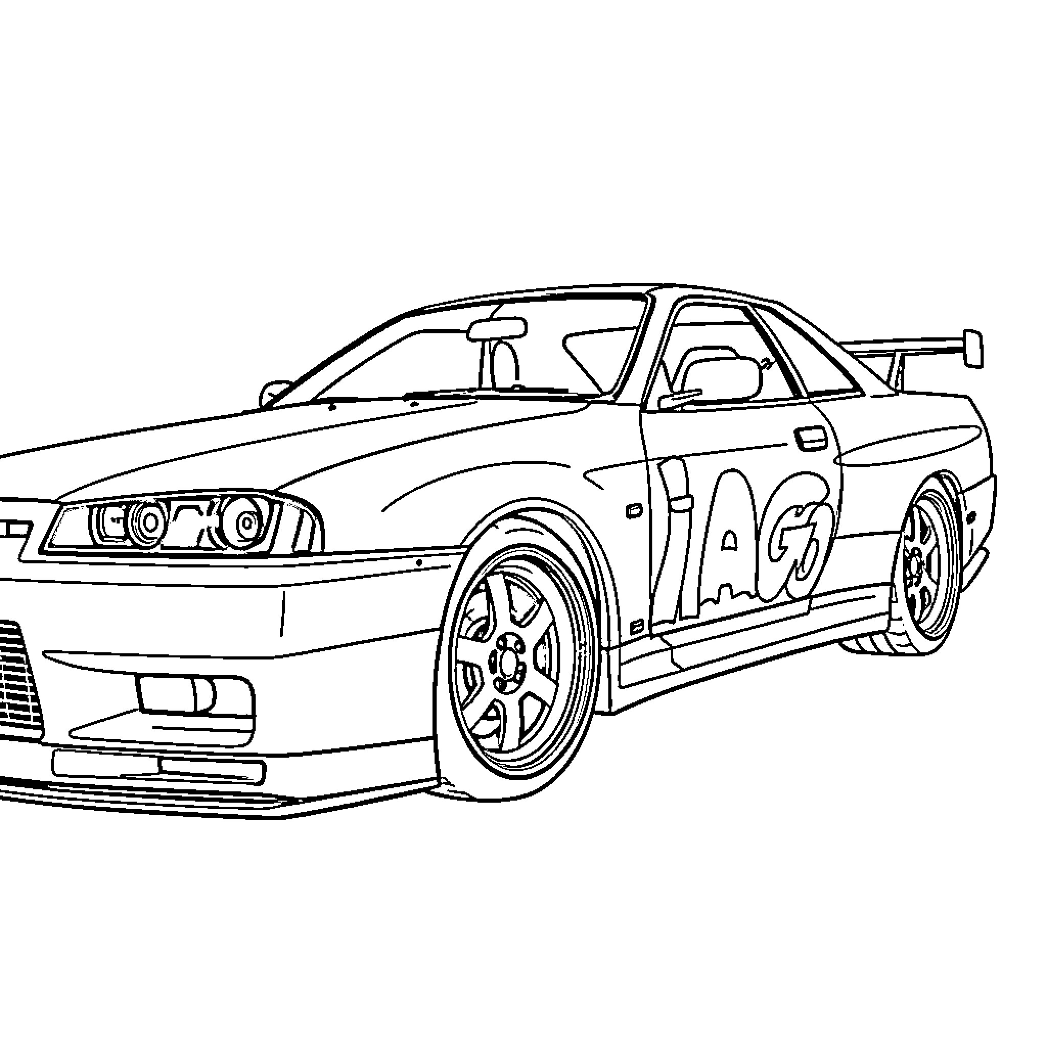 Nissan Skyline race car in action Coloring Page (free black-and-white line drawing printable PDF for all, from beginners to advanced learners, including children, teens, adults, and seniors)