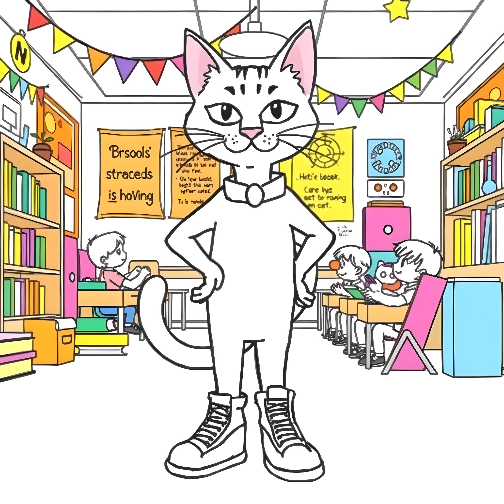 Pete the Cat celebrates school library's special event Coloring Page (free black-and-white line drawing printable PDF for all, from beginners to advanced learners, including children, teens, adults, and seniors)
