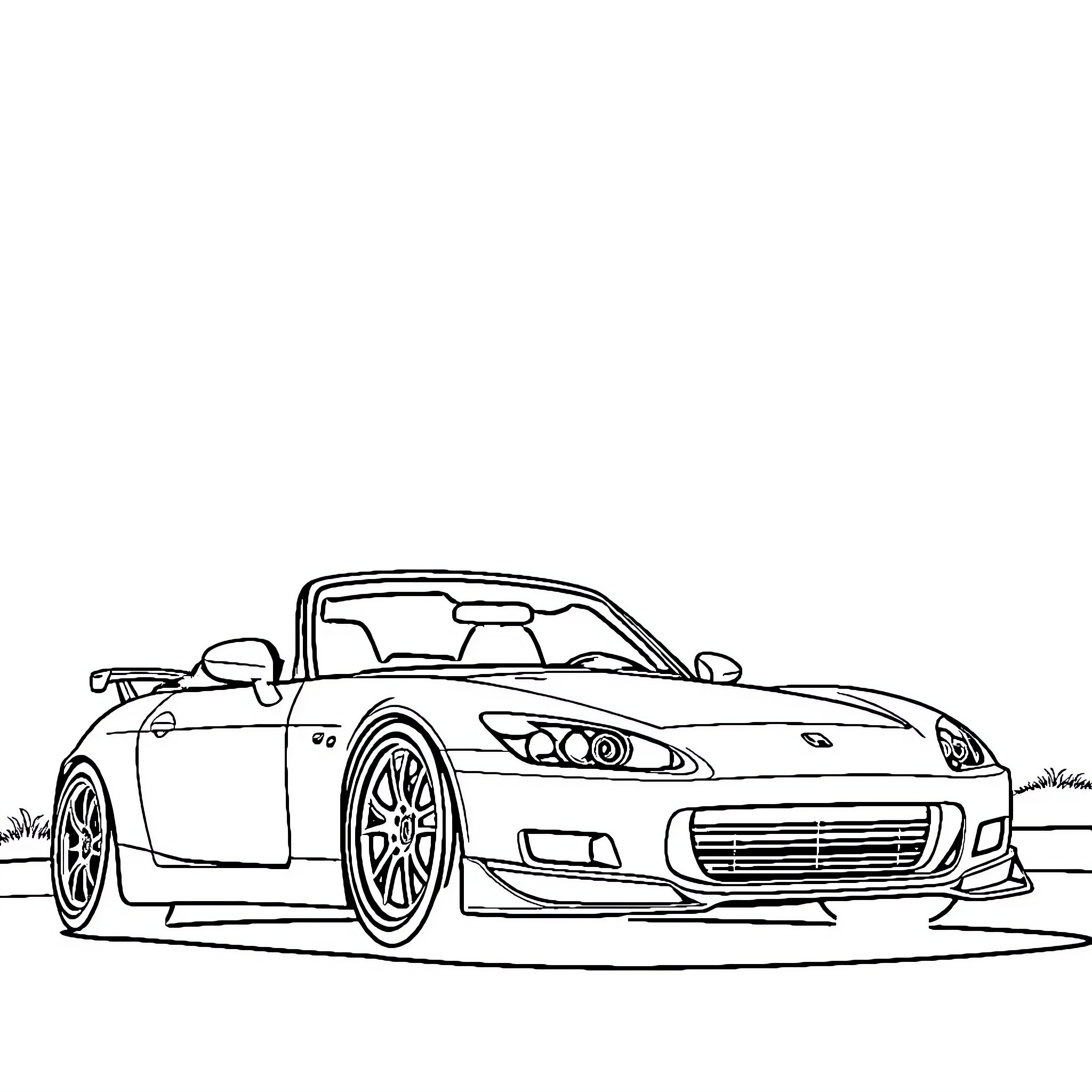 Honda S2000 sports car on the road Coloring Page (free black-and-white line drawing printable PDF for all, from beginners to advanced learners, including children, teens, adults, and seniors)