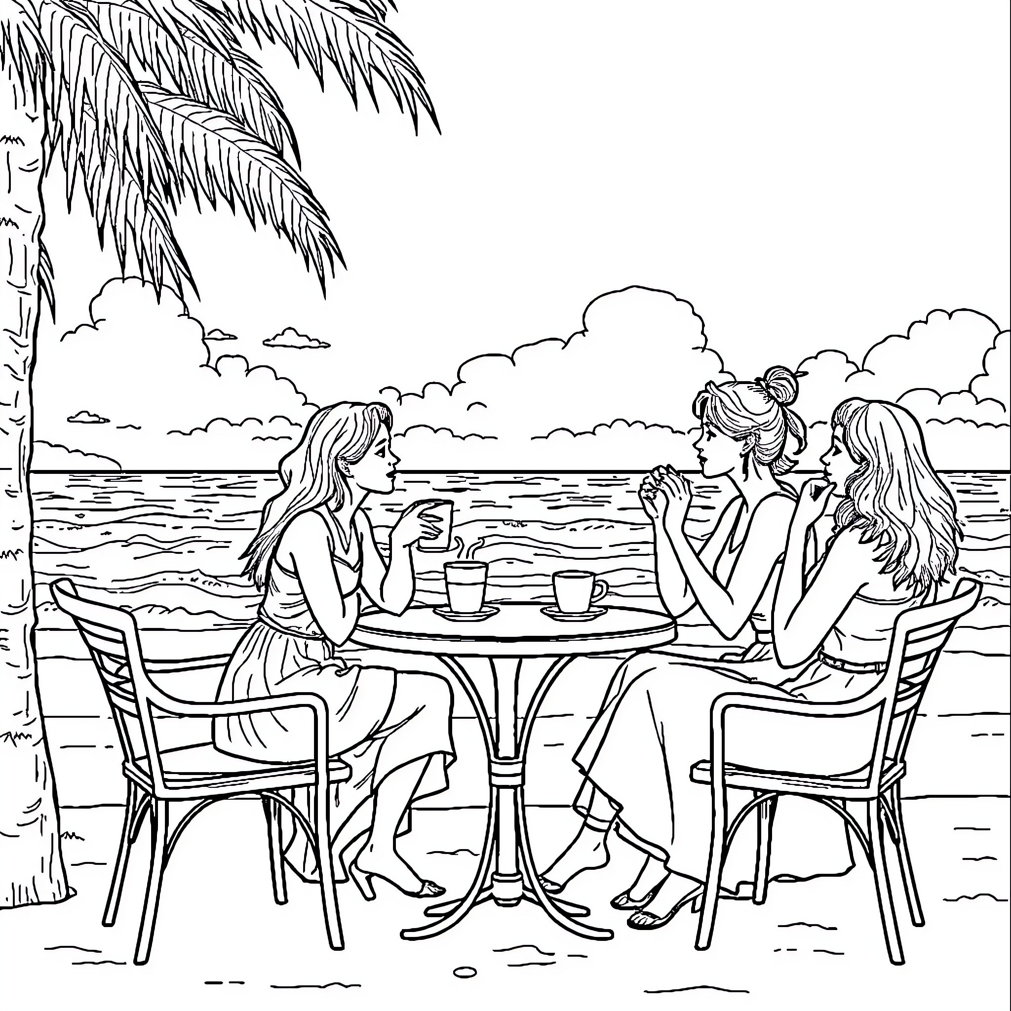 Women relaxing and socializing on a tropical beach Coloring Page (free black-and-white line drawing printable PDF for all, from beginners to advanced learners, including children, teens, adults, and seniors)