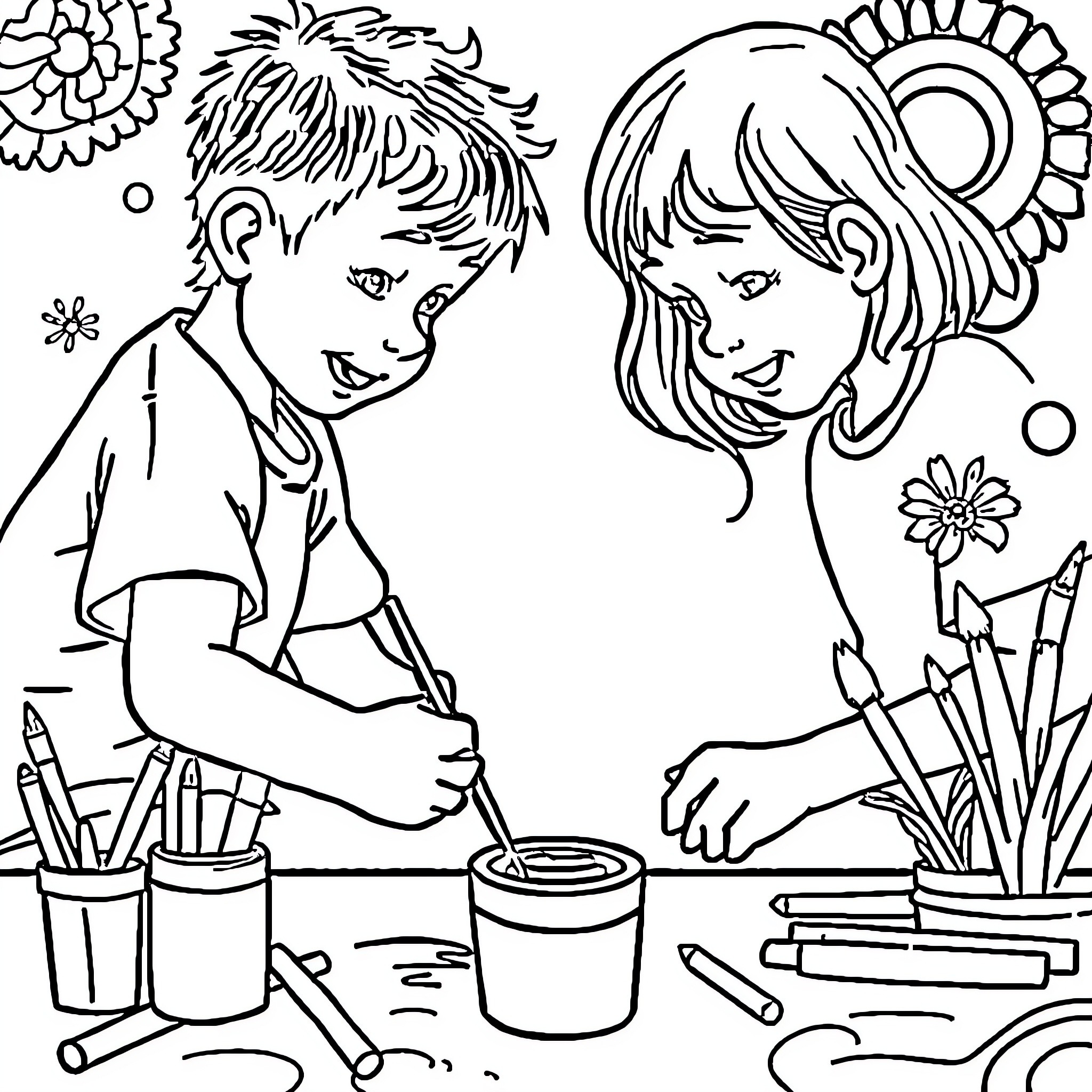 Art Depicting Children Engaged in Creative Activities Coloring Page (free black-and-white line drawing printable PDF for all, from beginners to advanced learners, including children, teens, adults, and seniors)