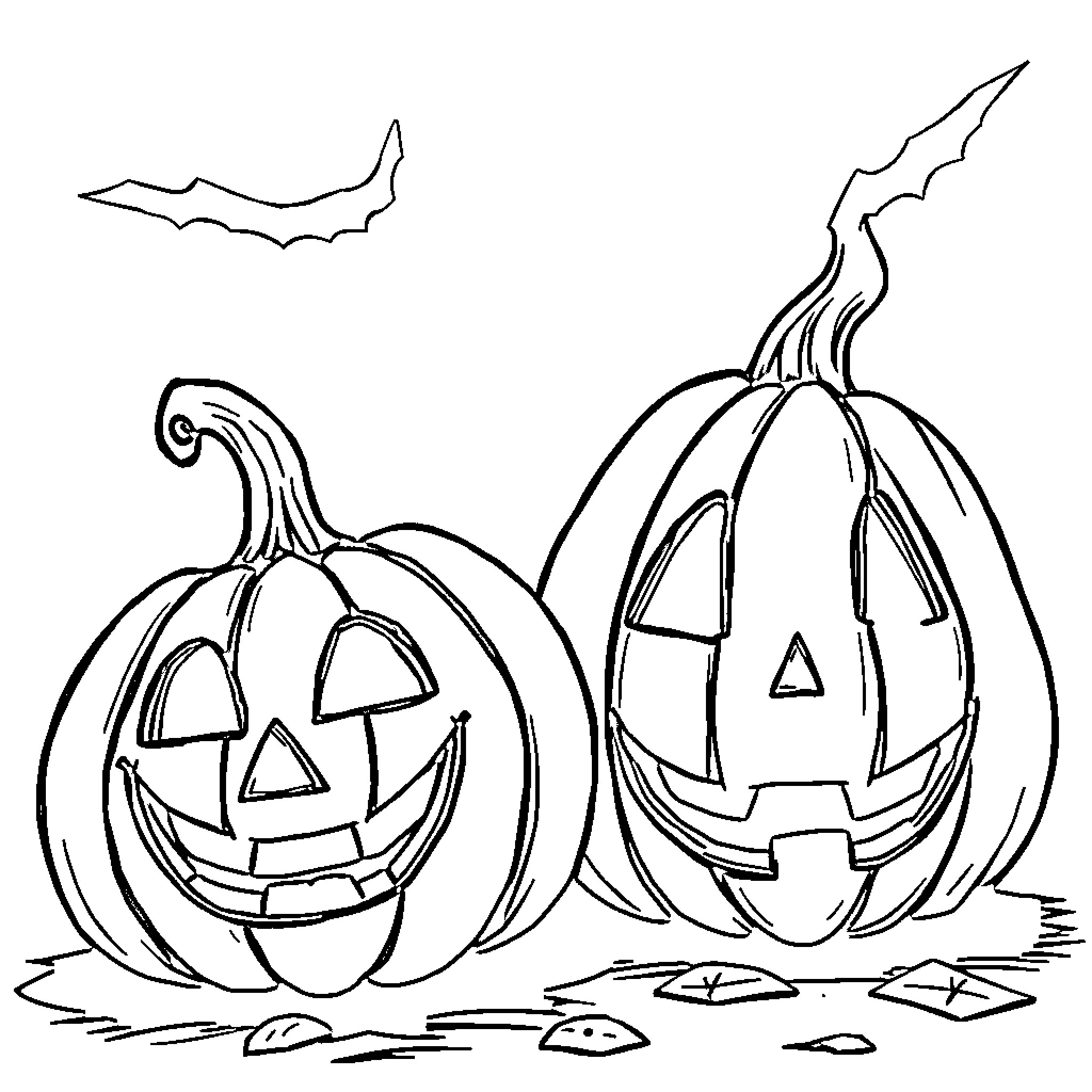 Jackolanterns in the spooky night Coloring Page (free black-and-white line drawing printable PDF for all, from beginners to advanced learners, including children, teens, adults, and seniors)