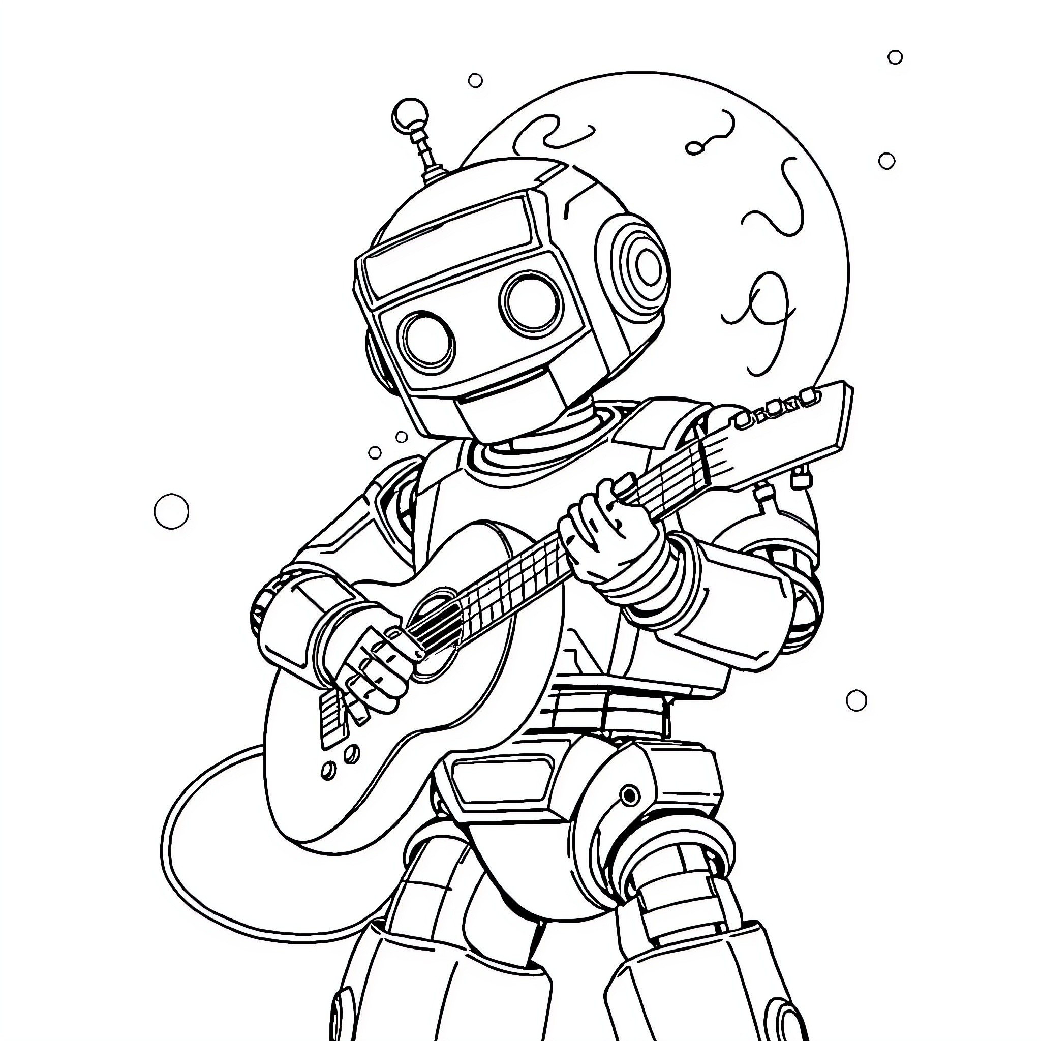 Robot playing guitar in the cosmos Coloring Page (free black-and-white line drawing printable PDF for all, from beginners to advanced learners, including children, teens, adults, and seniors)