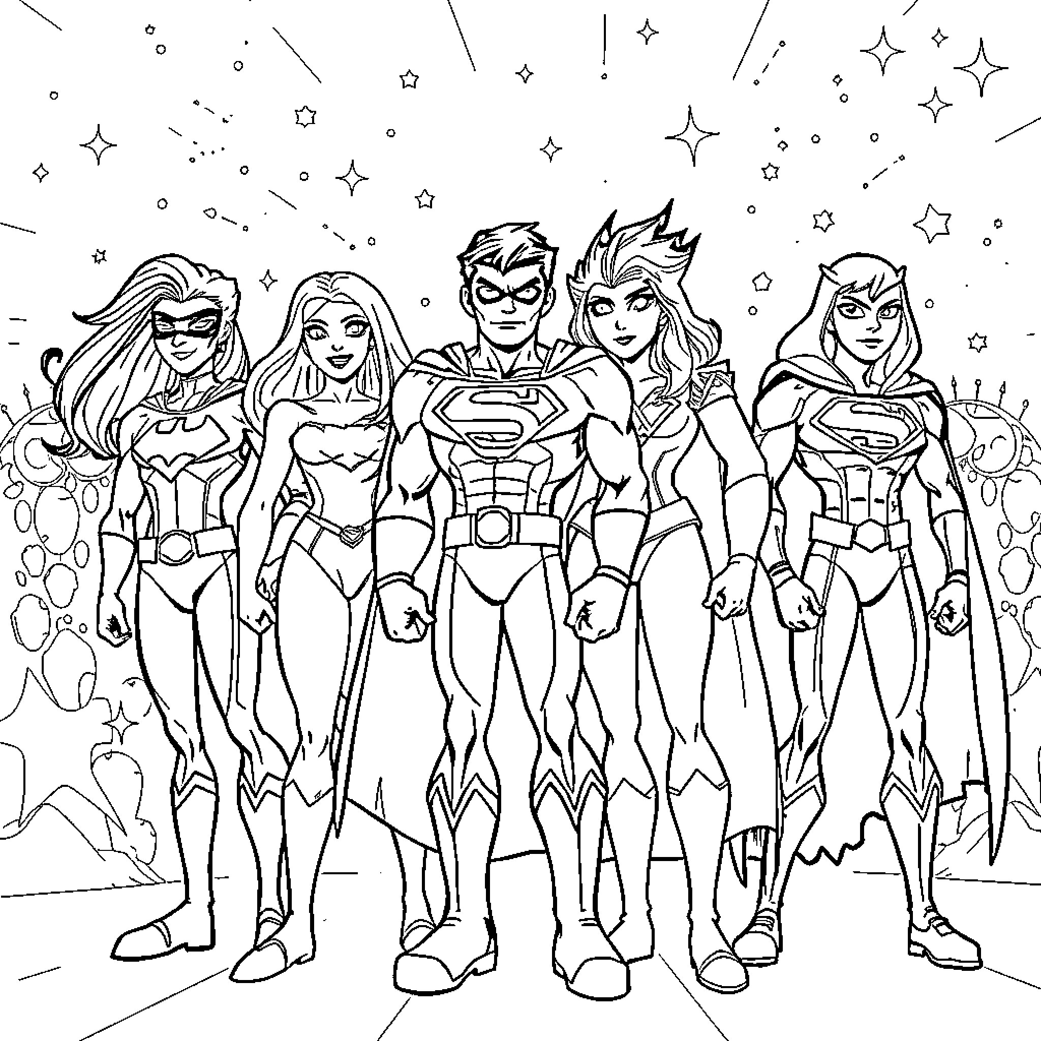 Super Titans in Heroic Poses Coloring Page (free black-and-white line drawing printable PDF for all, from beginners to advanced learners, including children, teens, adults, and seniors)