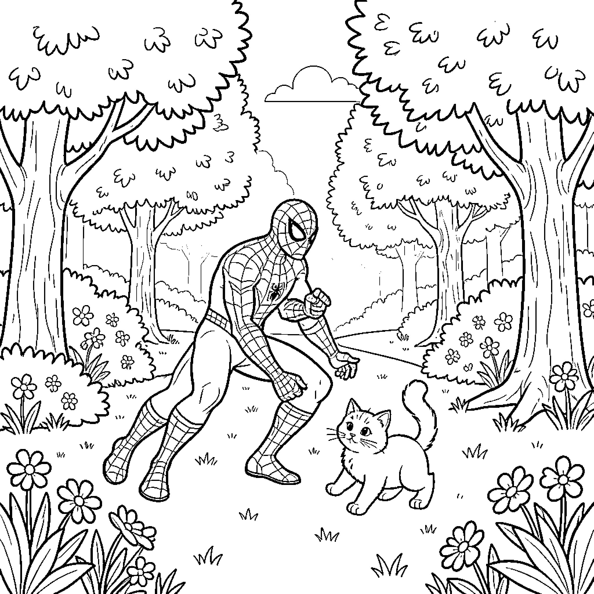 Spiderman exploring the enchanted forest with a curious cat Coloring Page (free black-and-white line drawing printable PDF for all, from beginners to advanced learners, including children, teens, adults, and seniors)