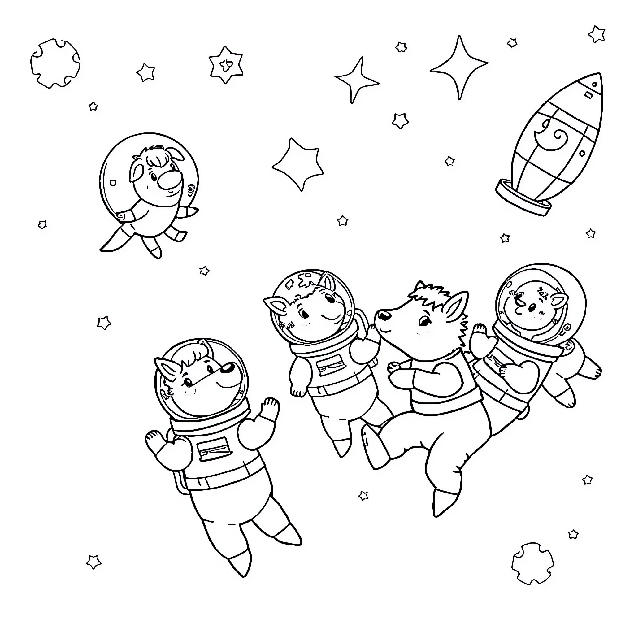 Barnyard Animals Explore Outer Space Coloring Page (free black-and-white line drawing printable PDF for all, from beginners to advanced learners, including children, teens, adults, and seniors)