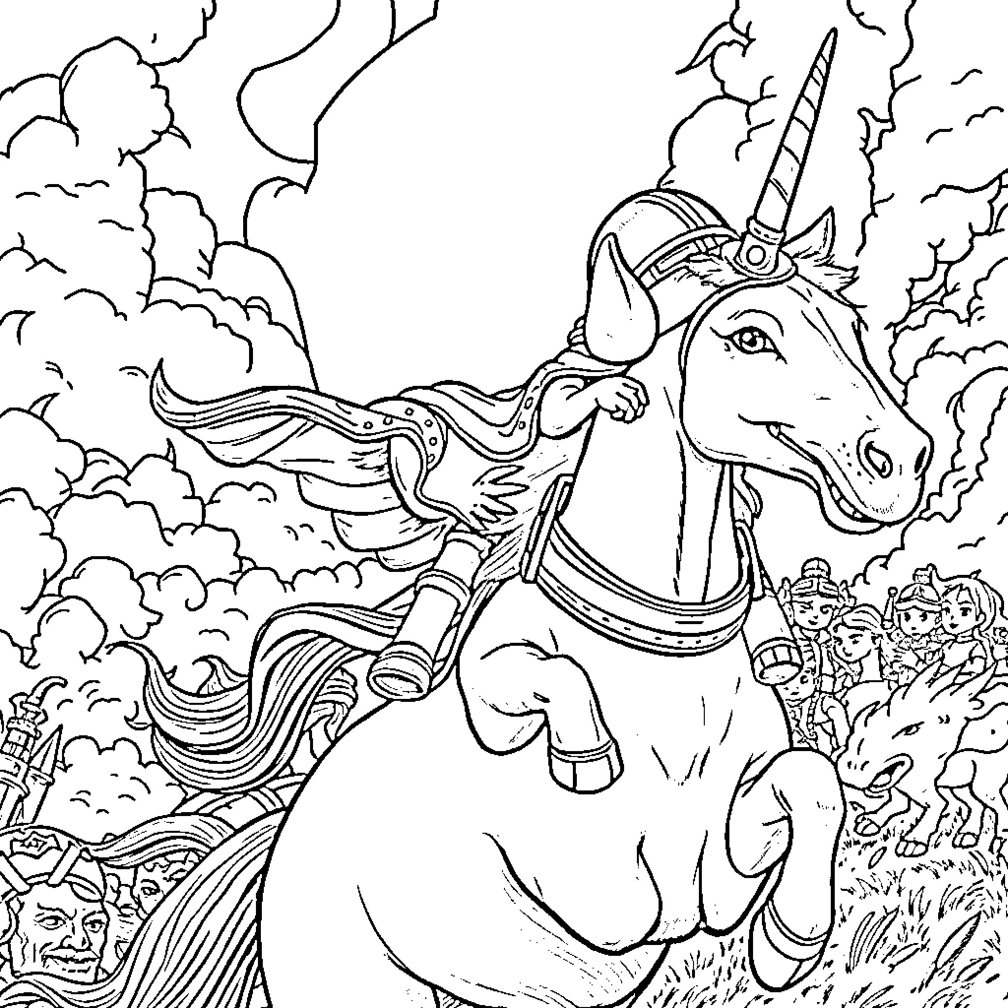 Dachshund unicorn riding through magical clouds Coloring Page (free black-and-white line drawing printable PDF for all, from beginners to advanced learners, including children, teens, adults, and seniors)