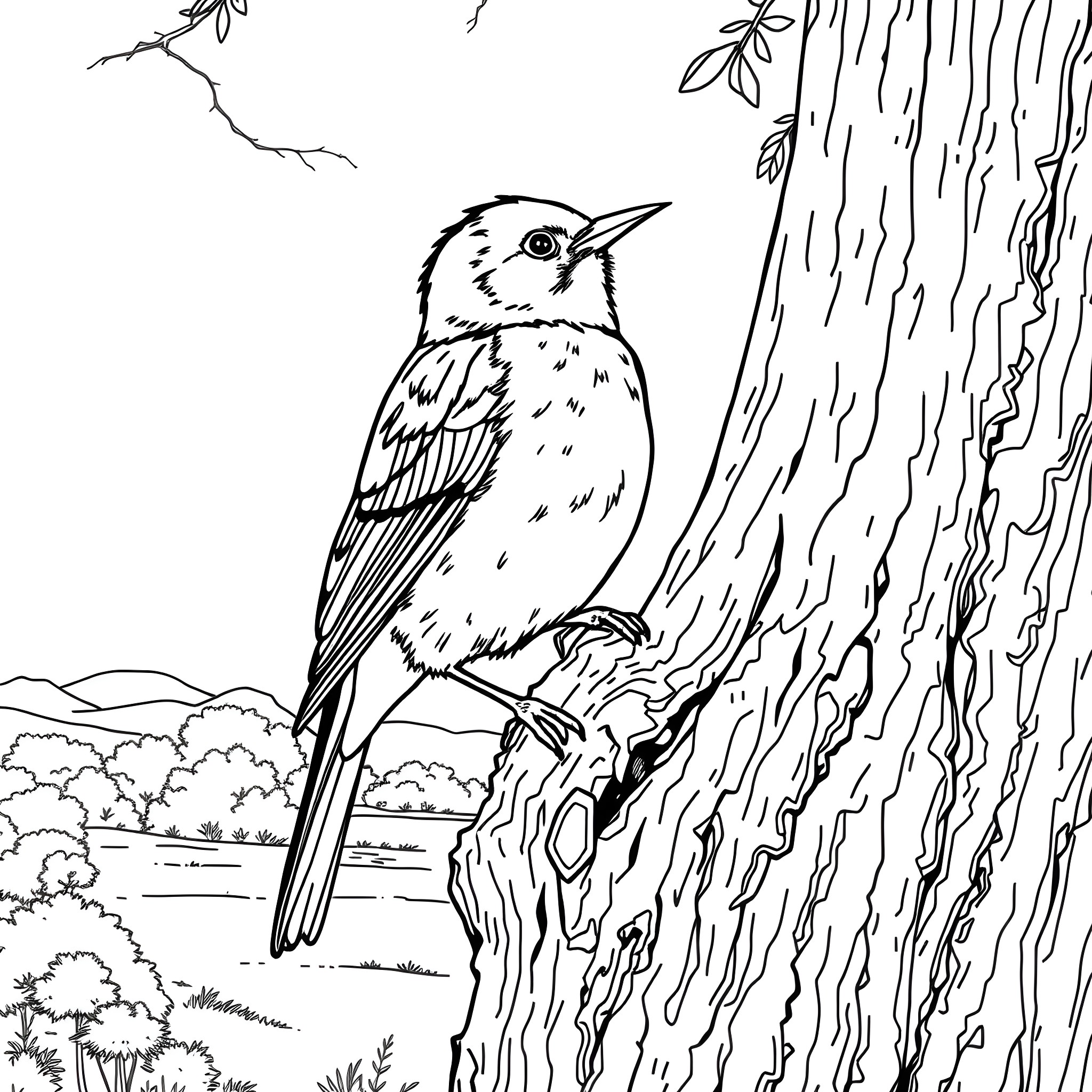 Tanager perched on a tree branch in a natural setting Coloring Page (free black-and-white line drawing printable PDF for all, from beginners to advanced learners, including children, teens, adults, and seniors)