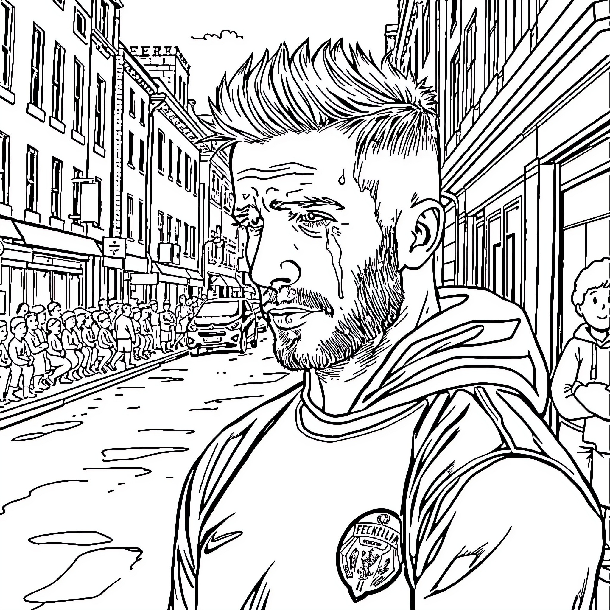 David Beckham in a bustling city street Coloring Page (free black-and-white line drawing printable PDF for all, from beginners to advanced learners, including children, teens, adults, and seniors)