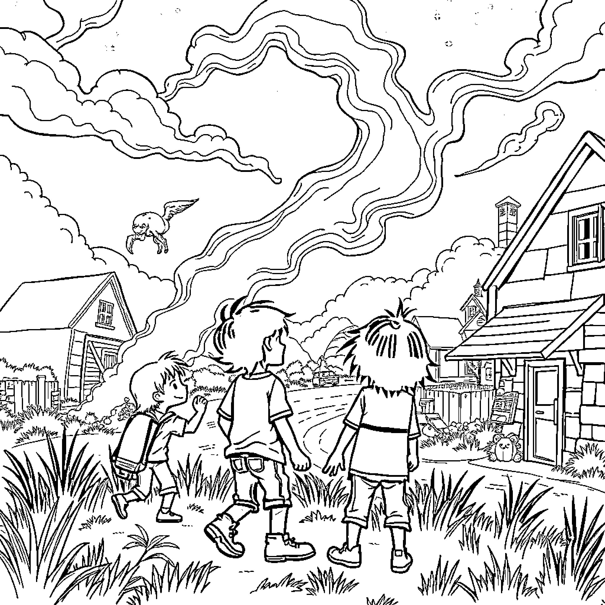 Stranger Things: Mysterious Encounter in the Neighborhood Coloring Page (free black-and-white line drawing printable PDF for all, from beginners to advanced learners, including children, teens, adults, and seniors)