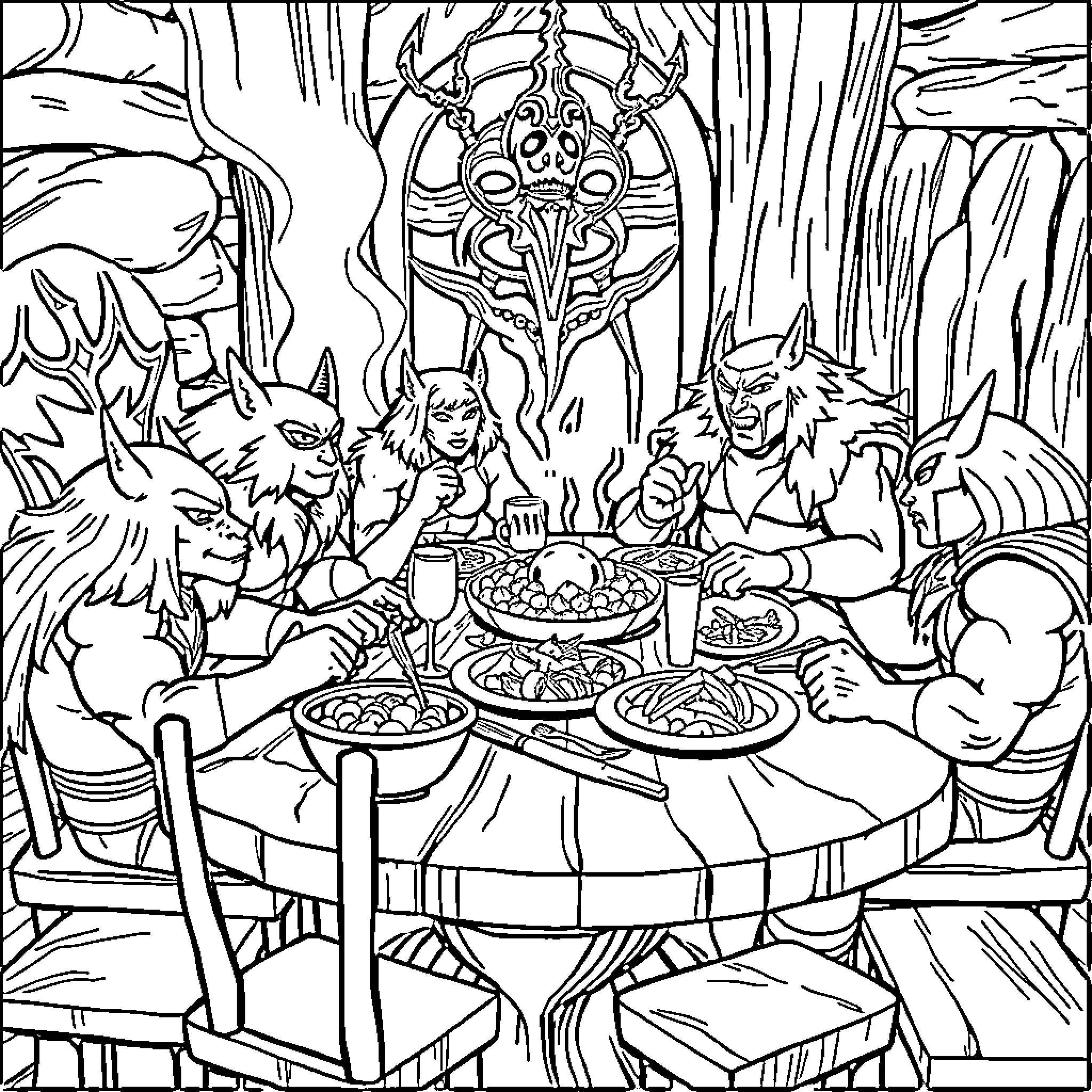 Thundercats Gather for Mythical Feast Coloring Page (free black-and-white line drawing printable PDF for all, from beginners to advanced learners, including children, teens, adults, and seniors)