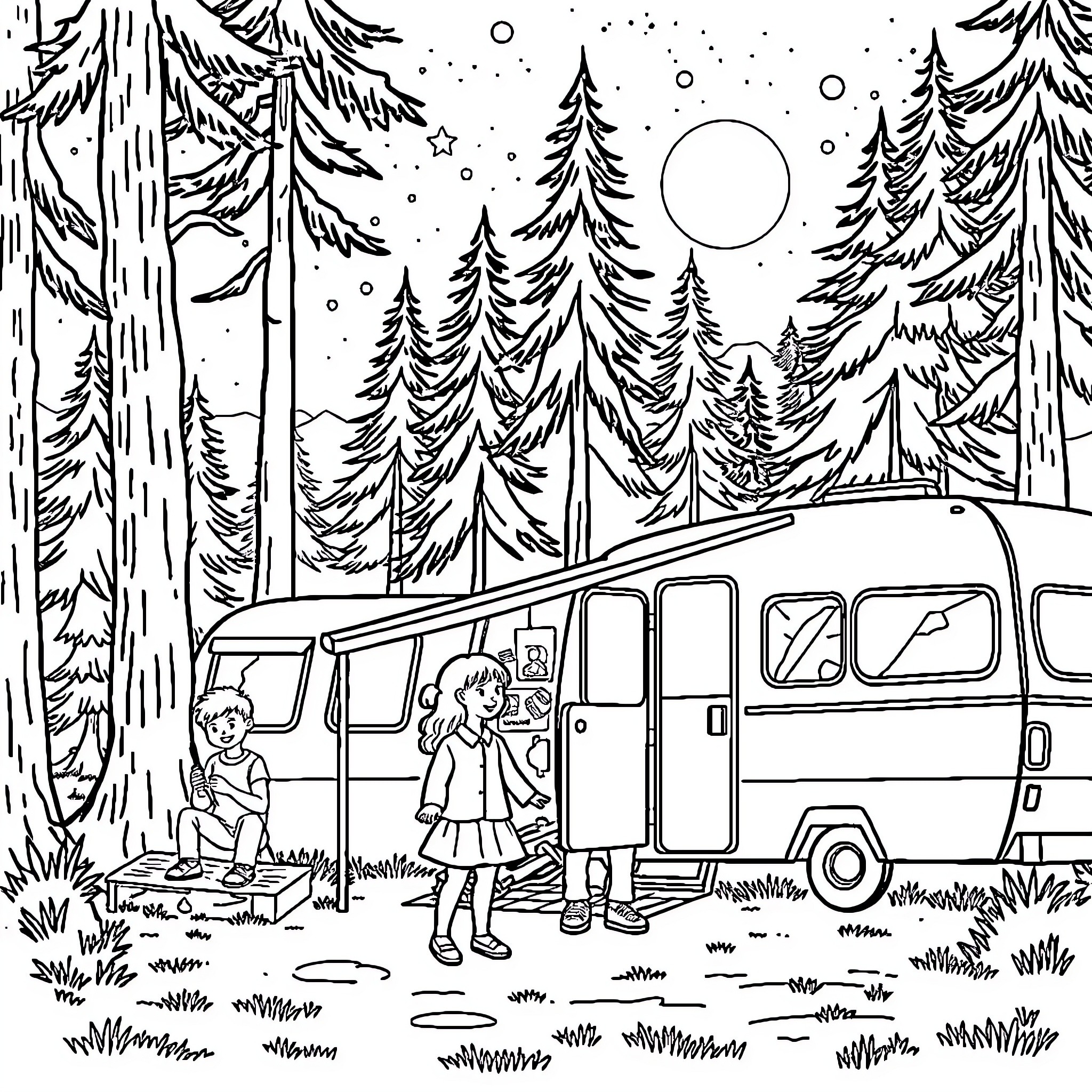 Family Enjoys Winter Camping Adventure in Snowy Forest Coloring Page (free black-and-white line drawing printable PDF for all, from beginners to advanced learners, including children, teens, adults, and seniors)