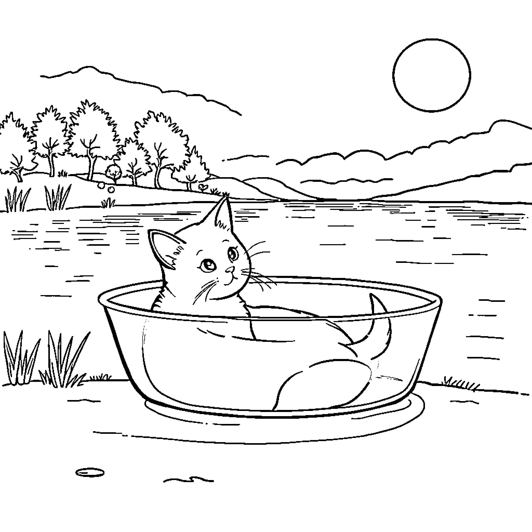 Cat relaxing in a tranquil pool Coloring Page (free black-and-white line drawing printable PDF for all, from beginners to advanced learners, including children, teens, adults, and seniors)