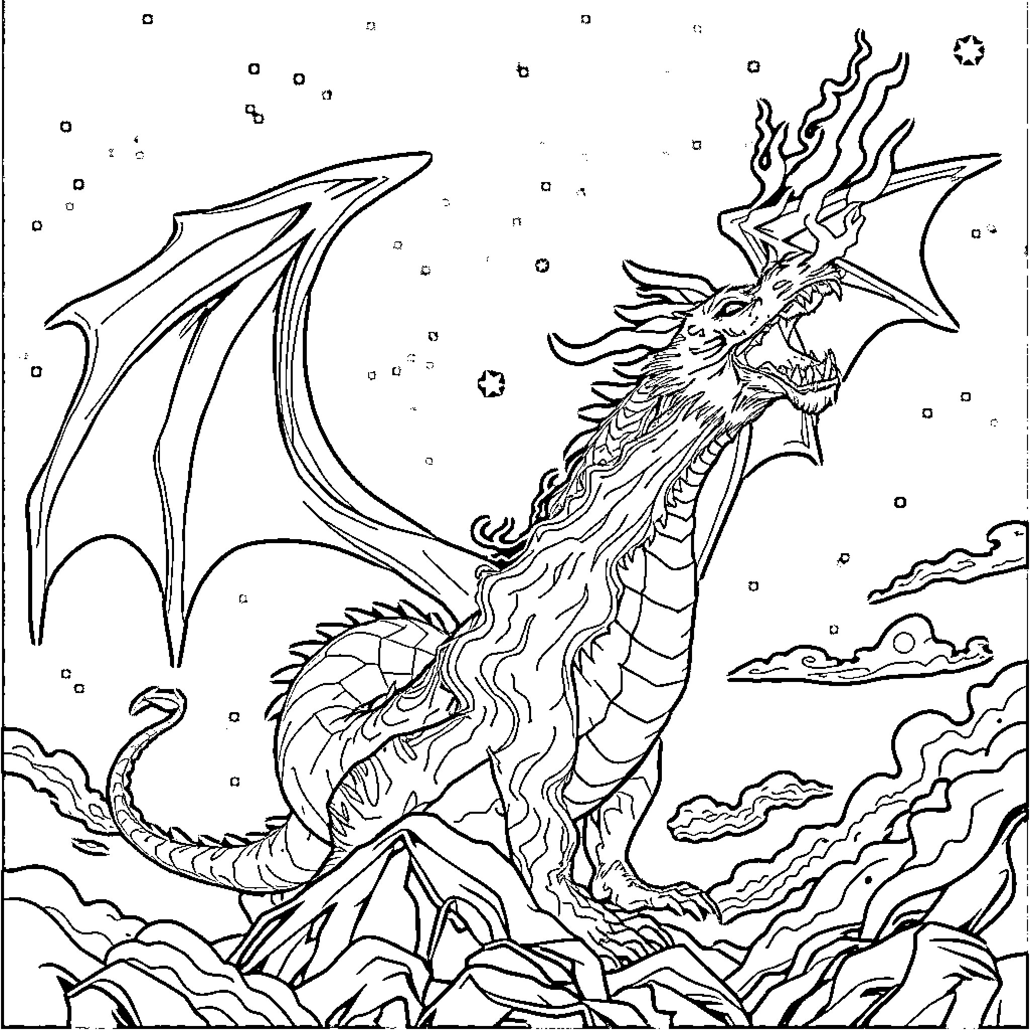 Dragon soaring through a mystical night sky Coloring Page (free black-and-white line drawing printable PDF for all, from beginners to advanced learners, including children, teens, adults, and seniors)