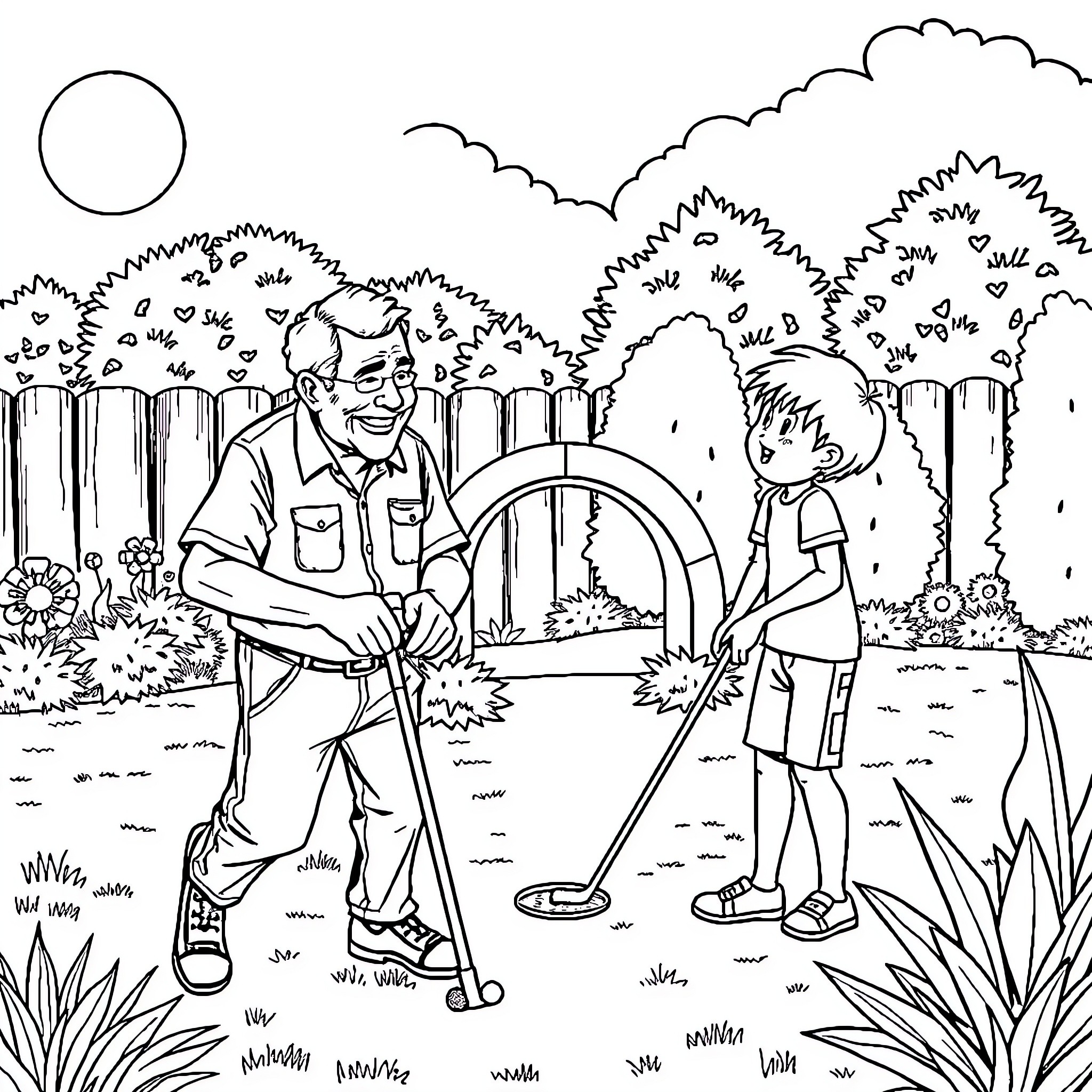 Grandfather playing golf with grandson in the garden Coloring Page (free black-and-white line drawing printable PDF for all, from beginners to advanced learners, including children, teens, adults, and seniors)