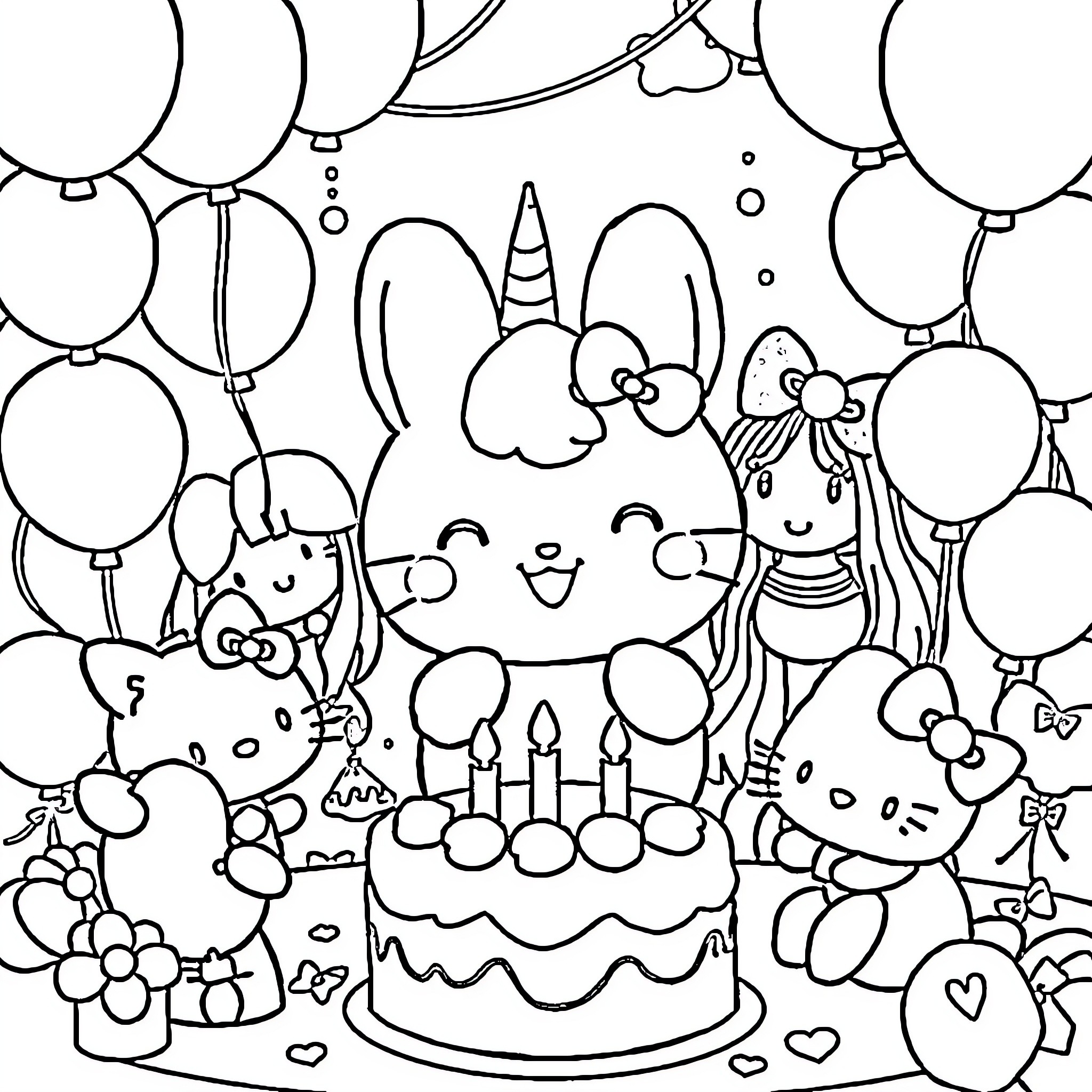 Cinnamoroll's Cheerful Birthday Celebration Coloring Page (free black-and-white line drawing printable PDF for all, from beginners to advanced learners, including children, teens, adults, and seniors)