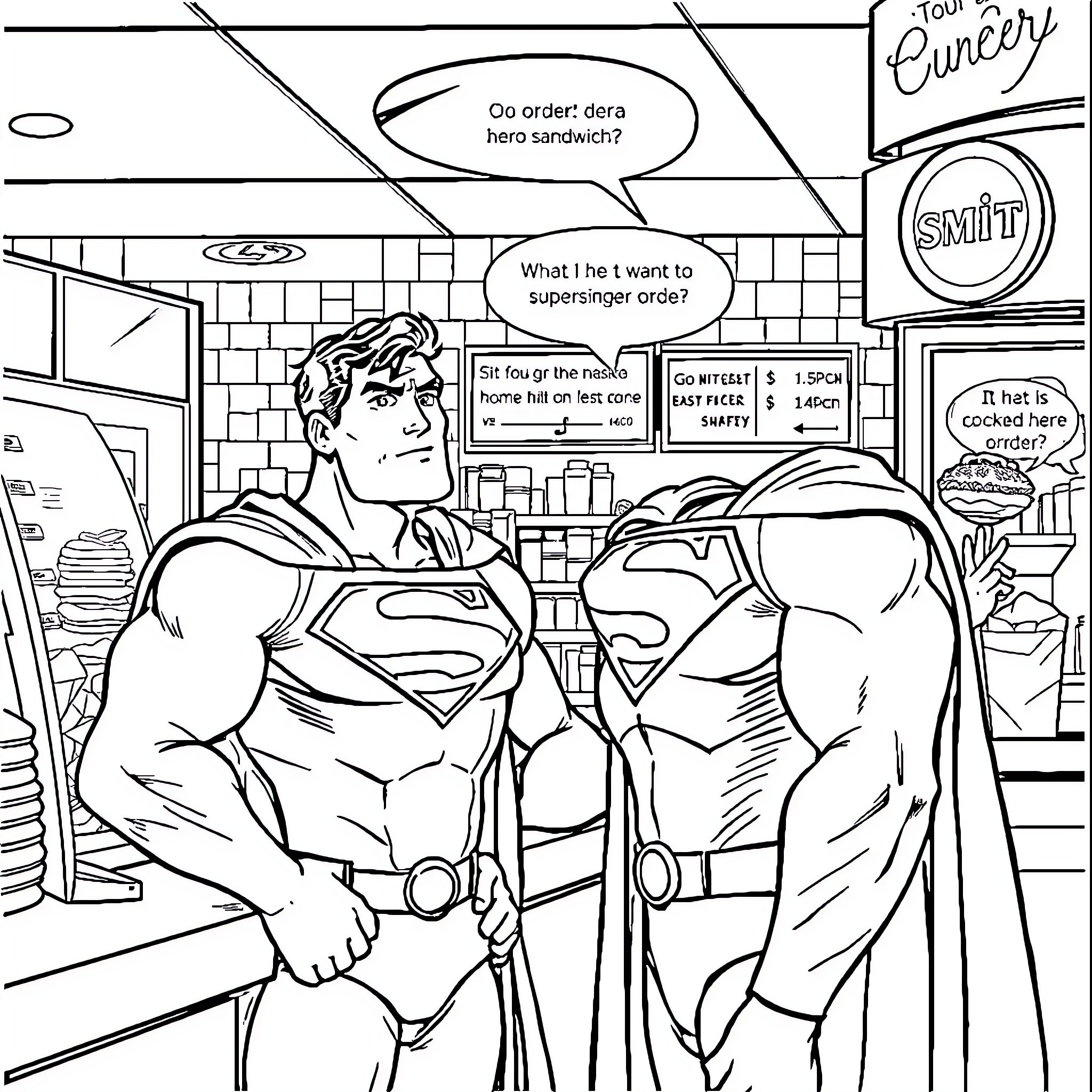 Superman Ordering Food at a Diner Coloring Page (free black-and-white line drawing printable PDF for all, from beginners to advanced learners, including children, teens, adults, and seniors)