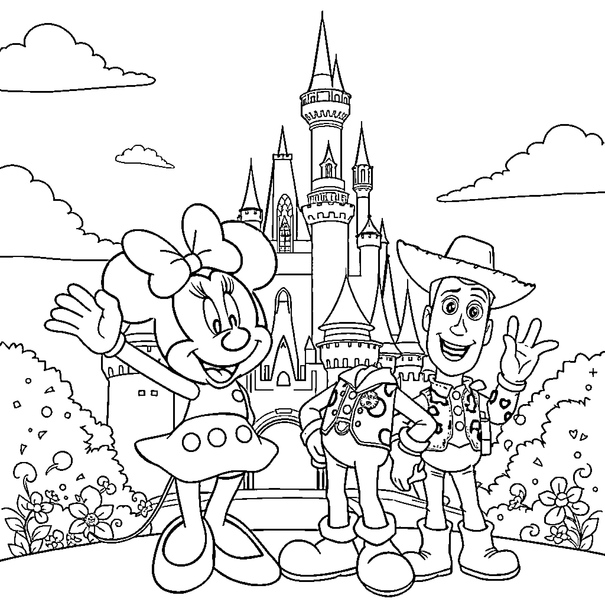 Minnie Mouse and friends at the Disney Castle Coloring Page (free black-and-white line drawing printable PDF for all, from beginners to advanced learners, including children, teens, adults, and seniors)