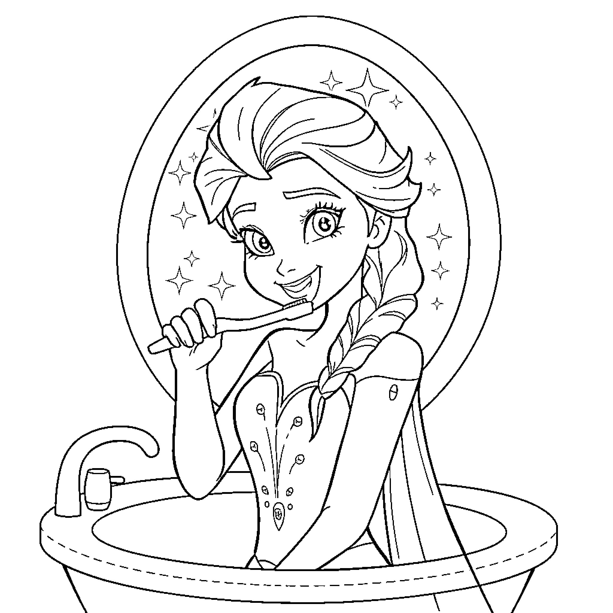 Frozen Character Enjoying a Magical Bath Coloring Page (free black-and-white line drawing printable PDF for all, from beginners to advanced learners, including children, teens, adults, and seniors)