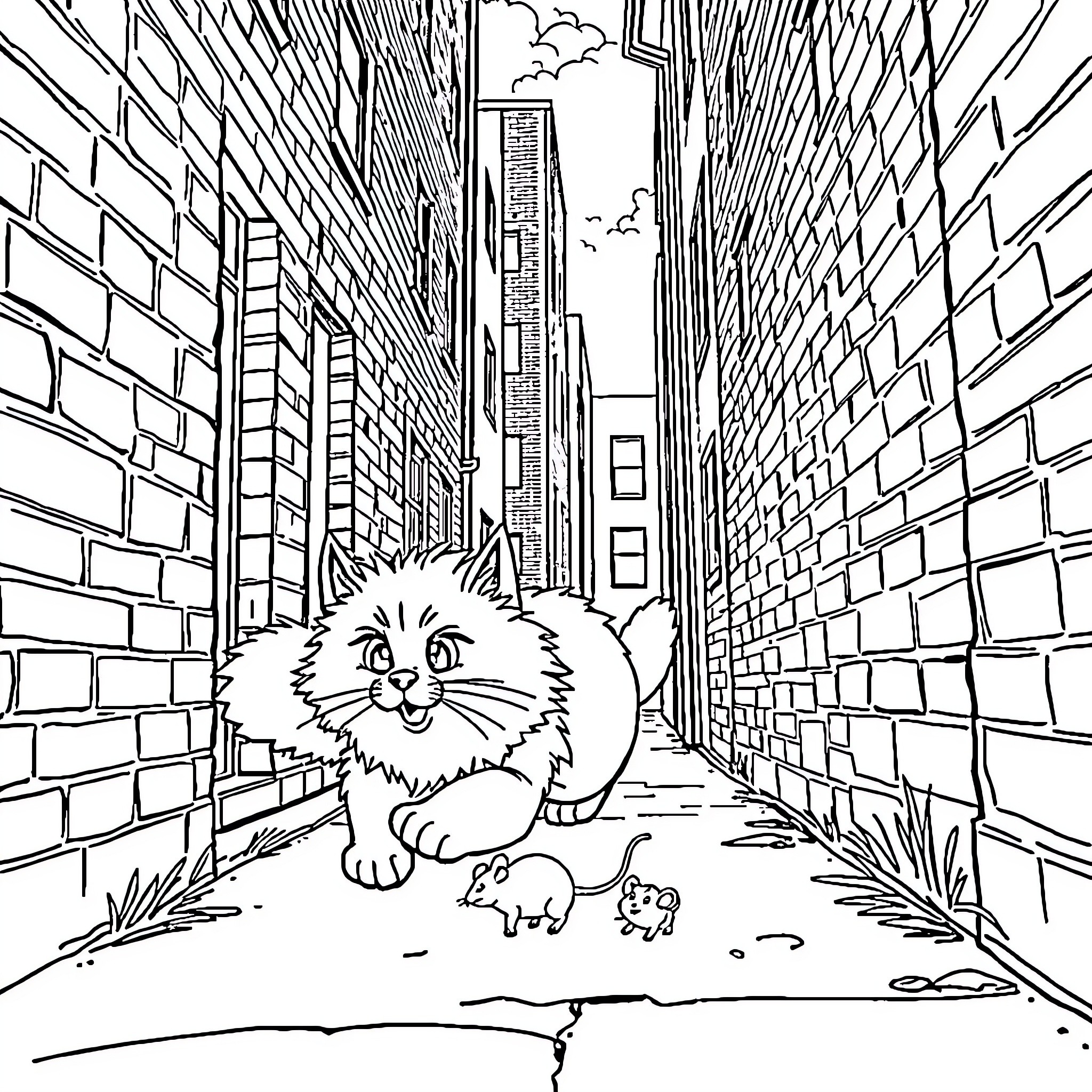 Cat exploring the urban alleyway Coloring Page (free black-and-white line drawing printable PDF for all, from beginners to advanced learners, including children, teens, adults, and seniors)