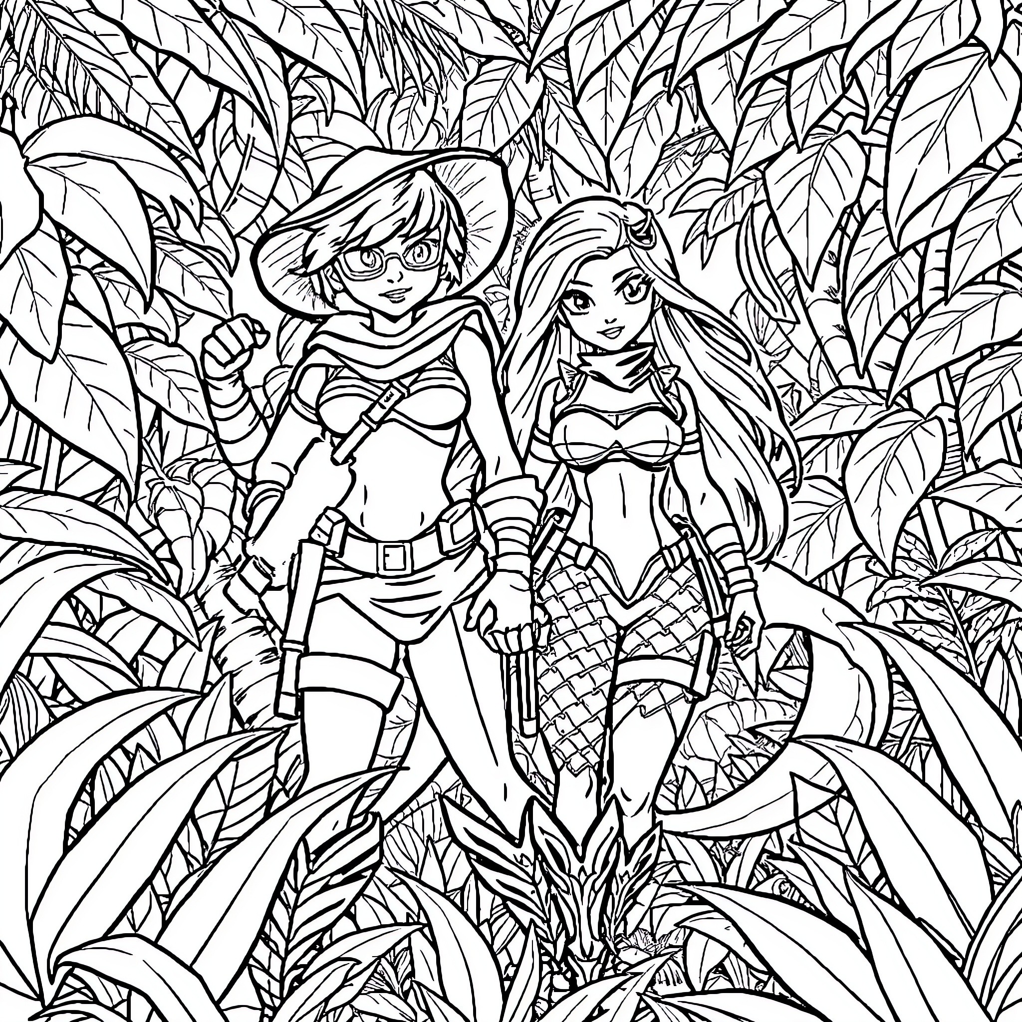 Raiponce's jungle adventure with a mysterious companion Coloring Page (free black-and-white line drawing printable PDF for all, from beginners to advanced learners, including children, teens, adults, and seniors)