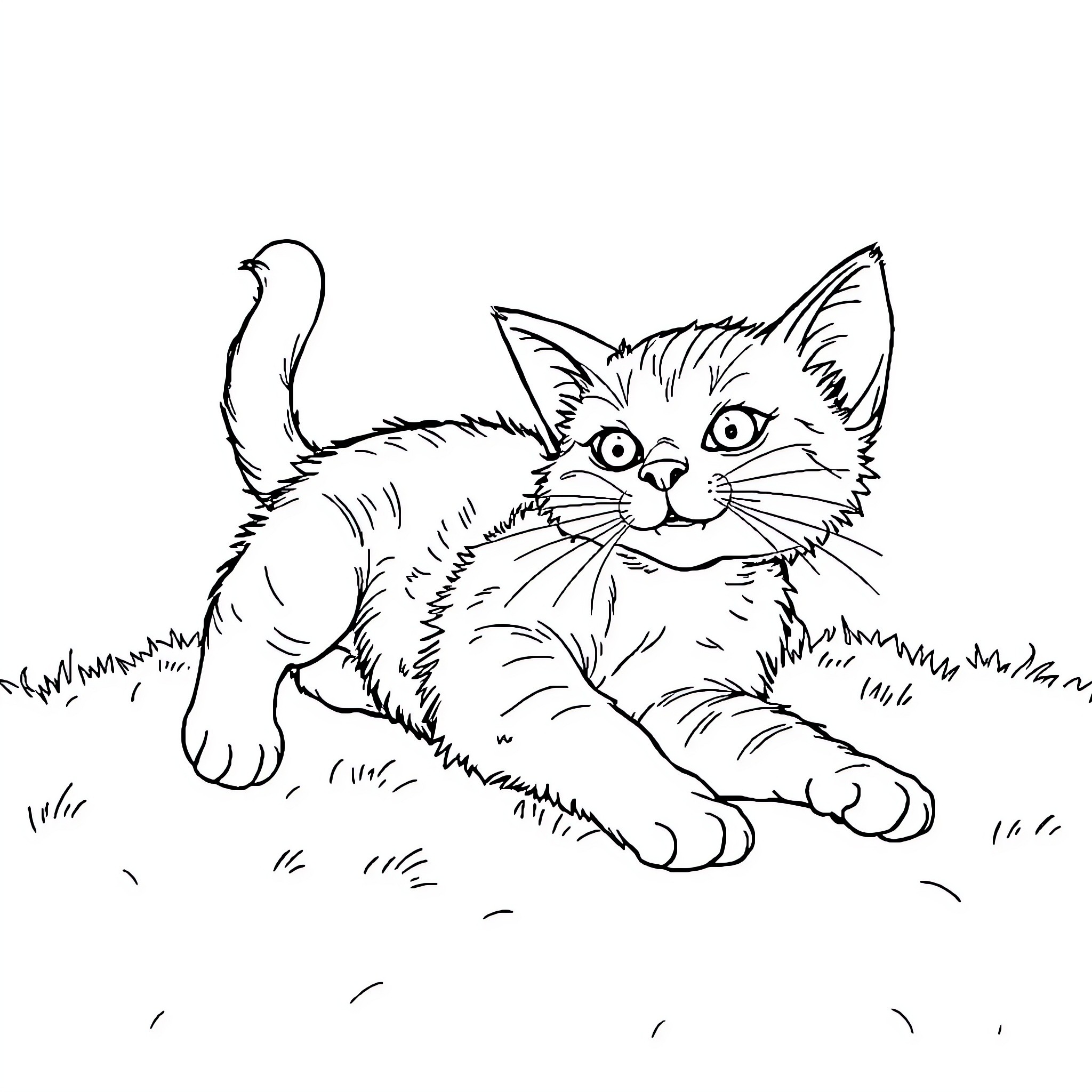 Cat resting on the ground Coloring Page (free black-and-white line drawing printable PDF for all, from beginners to advanced learners, including children, teens, adults, and seniors)