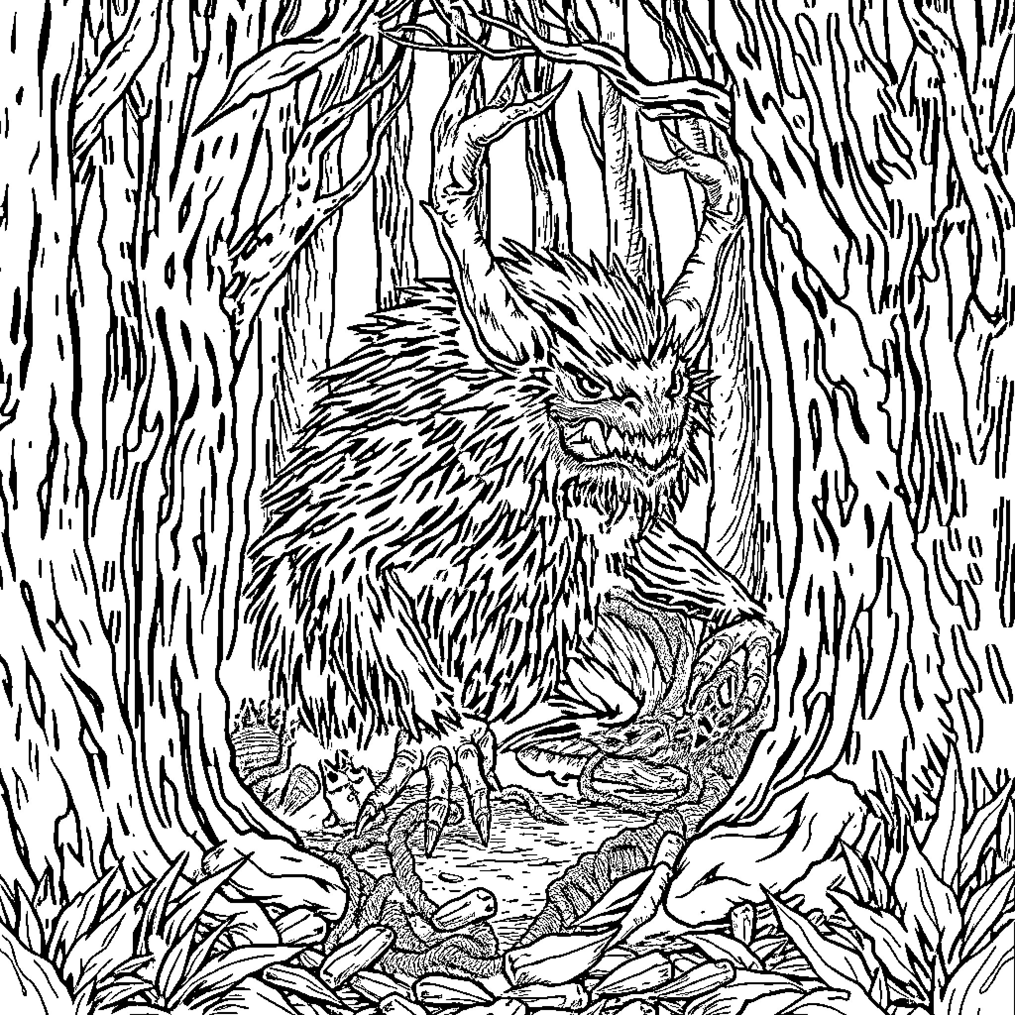 Samsquamch hiding in the mysterious forest Coloring Page (free black-and-white line drawing printable PDF for all, from beginners to advanced learners, including children, teens, adults, and seniors)