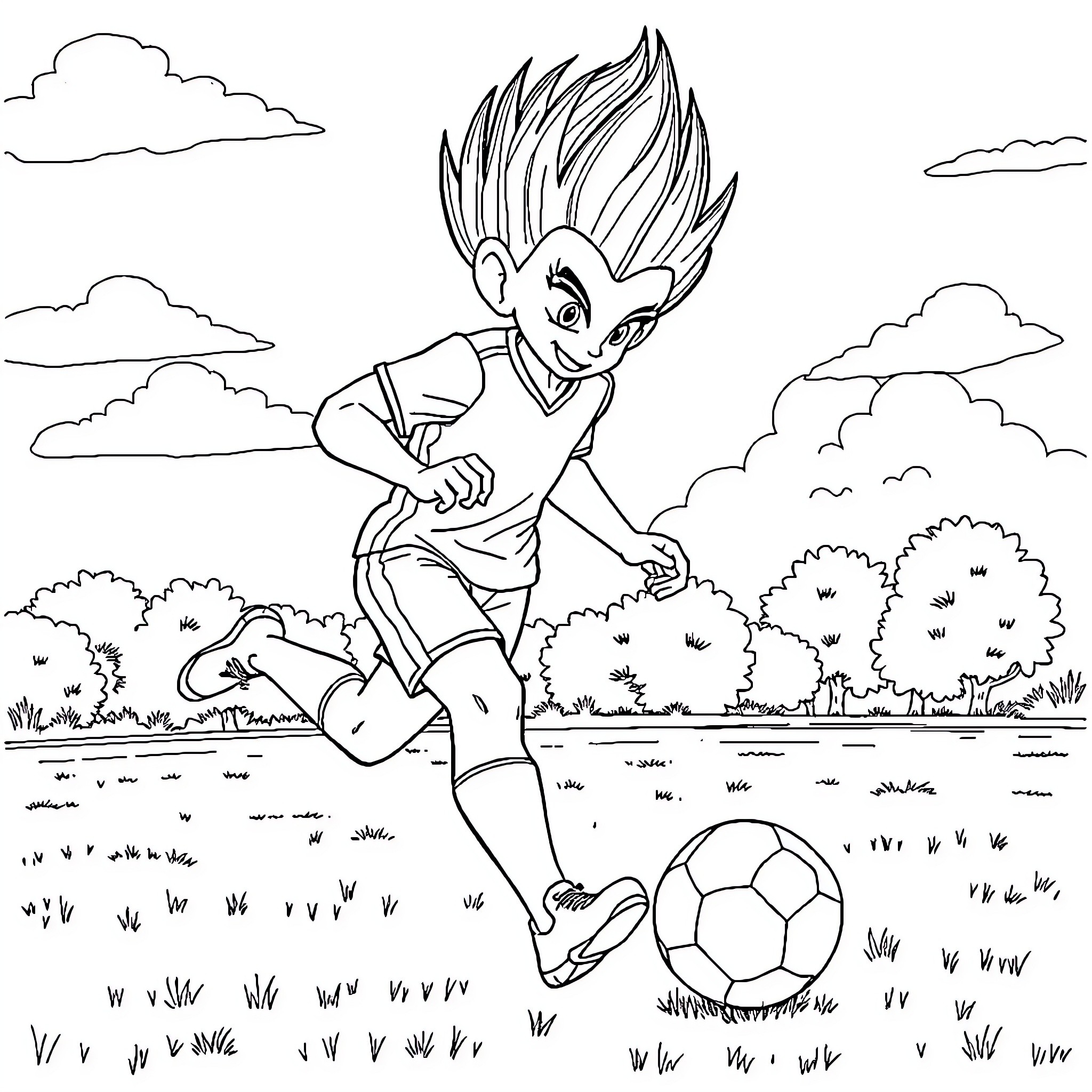 Vegeta playing soccer in the park Coloring Page (free black-and-white line drawing printable PDF for all, from beginners to advanced learners, including children, teens, adults, and seniors)