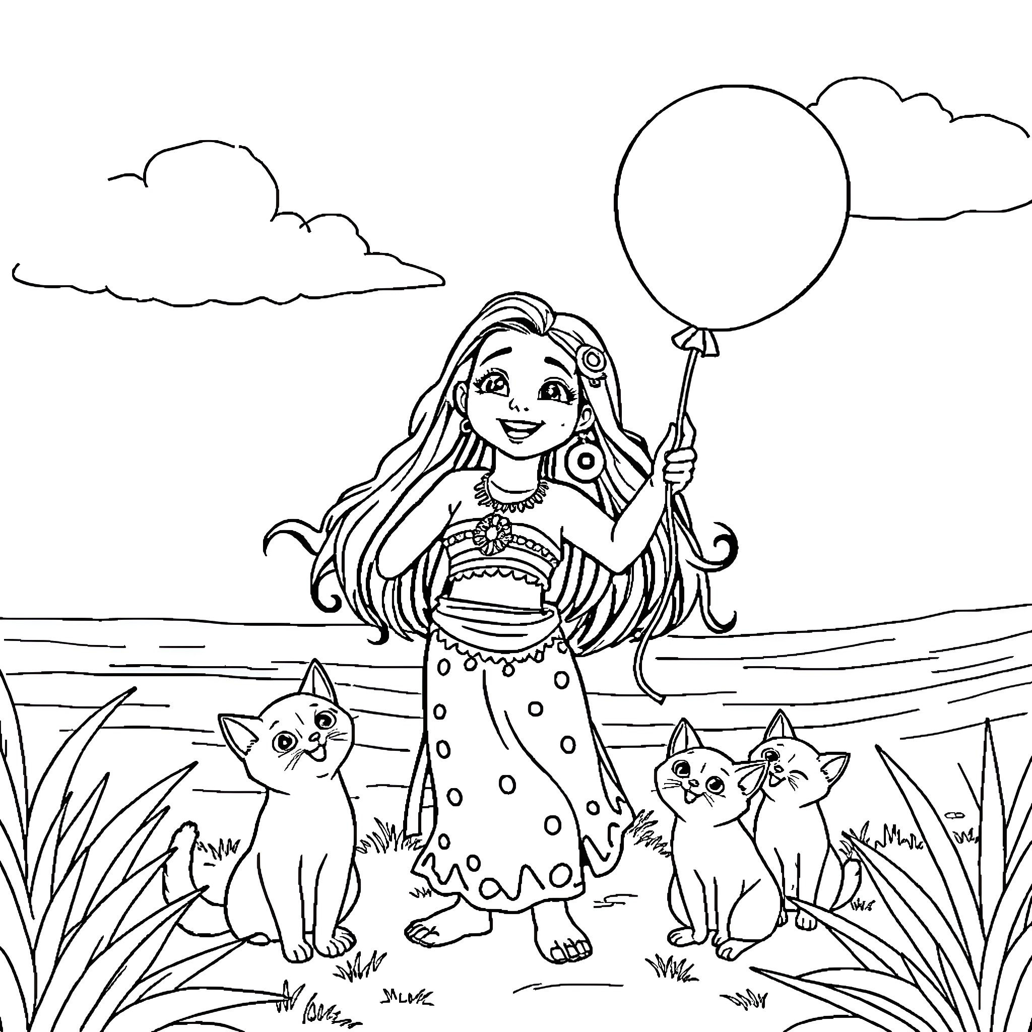 Moana enjoying a sunny day with her animal friends Coloring Page (free black-and-white line drawing printable PDF for all, from beginners to advanced learners, including children, teens, adults, and seniors)