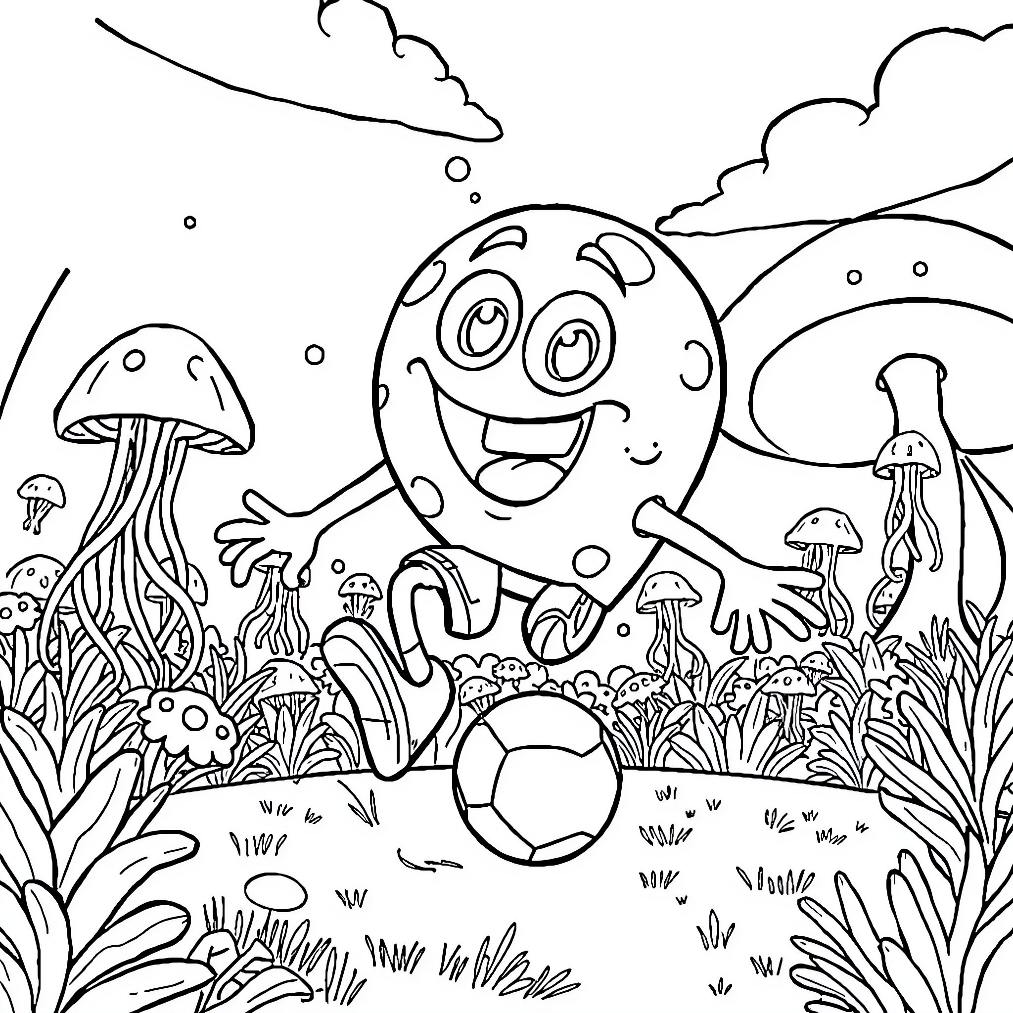 Bob esponja playing with mushrooms in the forest Coloring Page (free black-and-white line drawing printable PDF for all, from beginners to advanced learners, including children, teens, adults, and seniors)