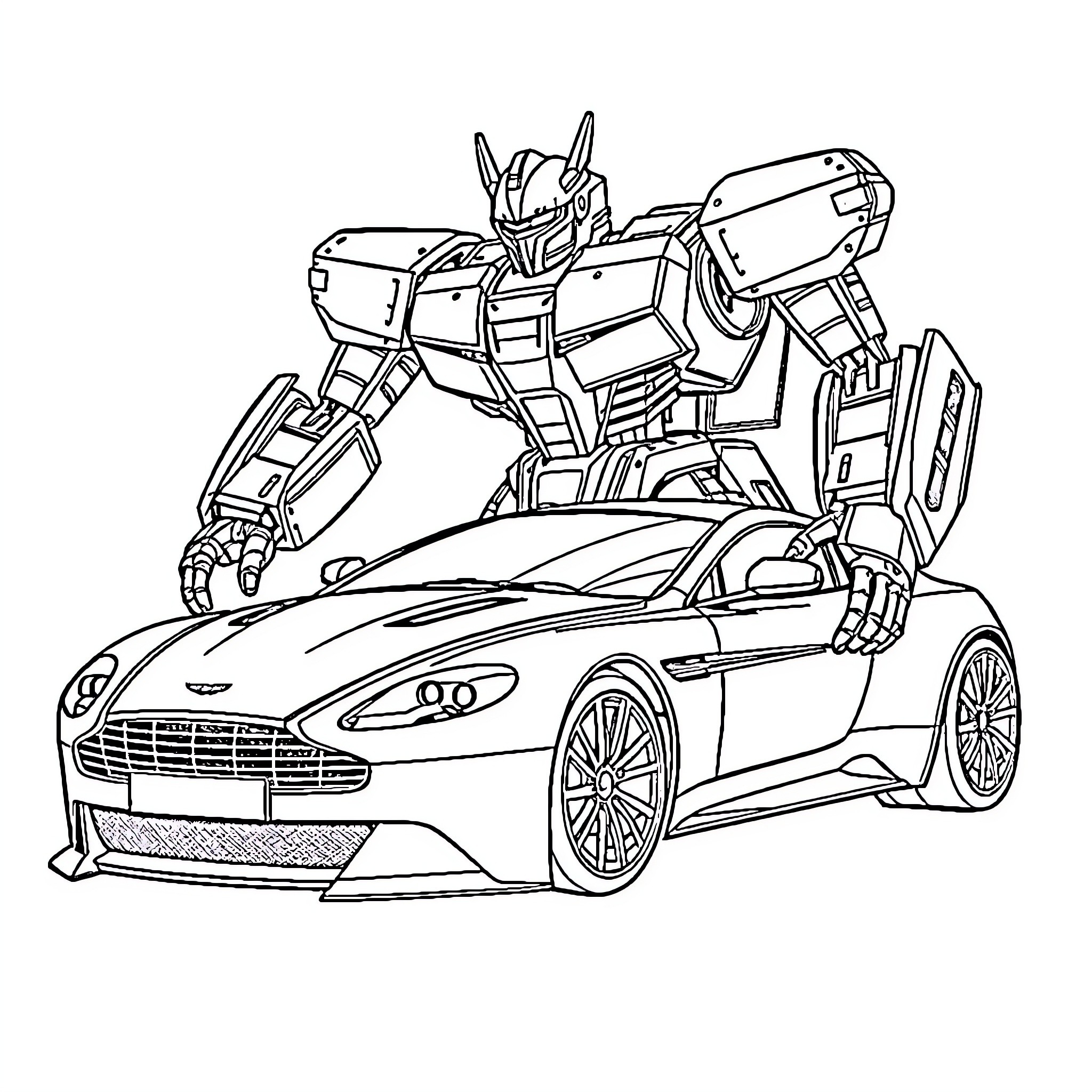 Aston Martin transforms into futuristic robot Coloring Page (free black-and-white line drawing printable PDF for all, from beginners to advanced learners, including children, teens, adults, and seniors)
