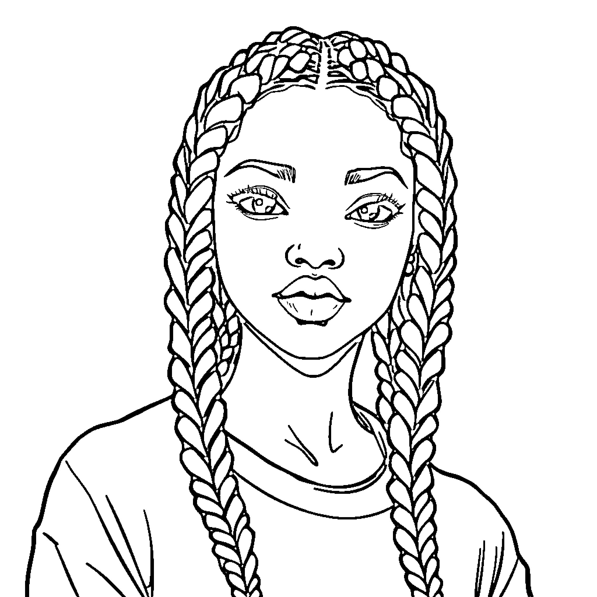 Teen Girl with Elaborate Braided Hairstyle Coloring Page (free black-and-white line drawing printable PDF for all, from beginners to advanced learners, including children, teens, adults, and seniors)