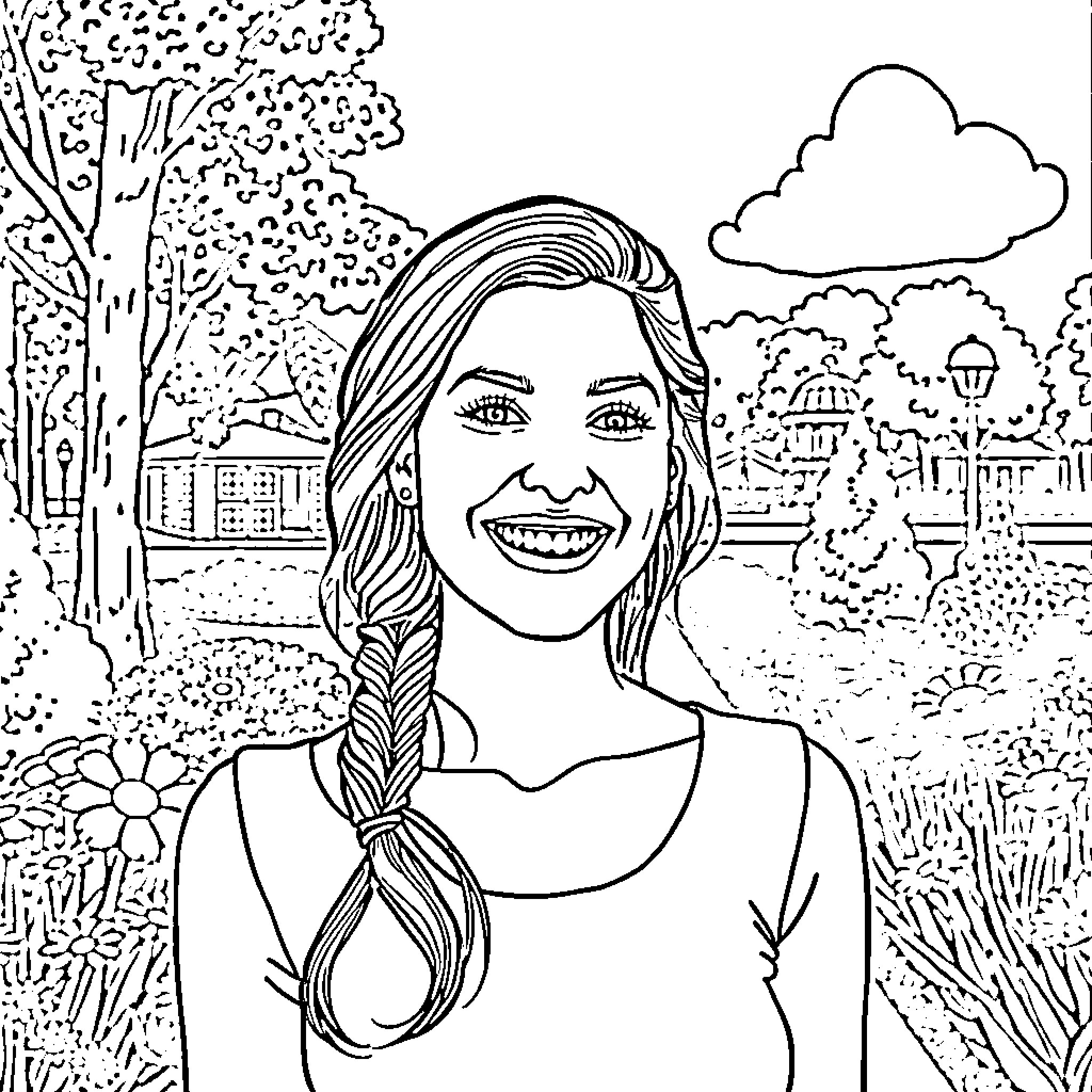 Gabrijela Kovacevic smiling happily in a scenic outdoor setting Coloring Page (free black-and-white line drawing printable PDF for all, from beginners to advanced learners, including children, teens, adults, and seniors)