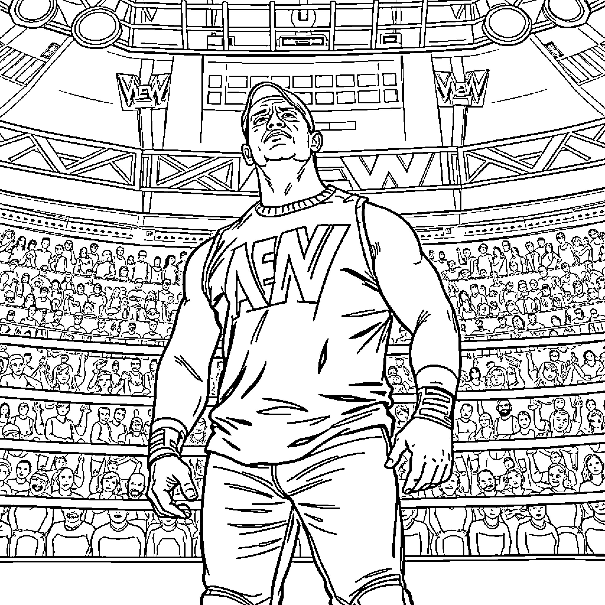 John Cena's Triumphant Entrance in the Wrestling Arena Coloring Page (free black-and-white line drawing printable PDF for all, from beginners to advanced learners, including children, teens, adults, and seniors)
