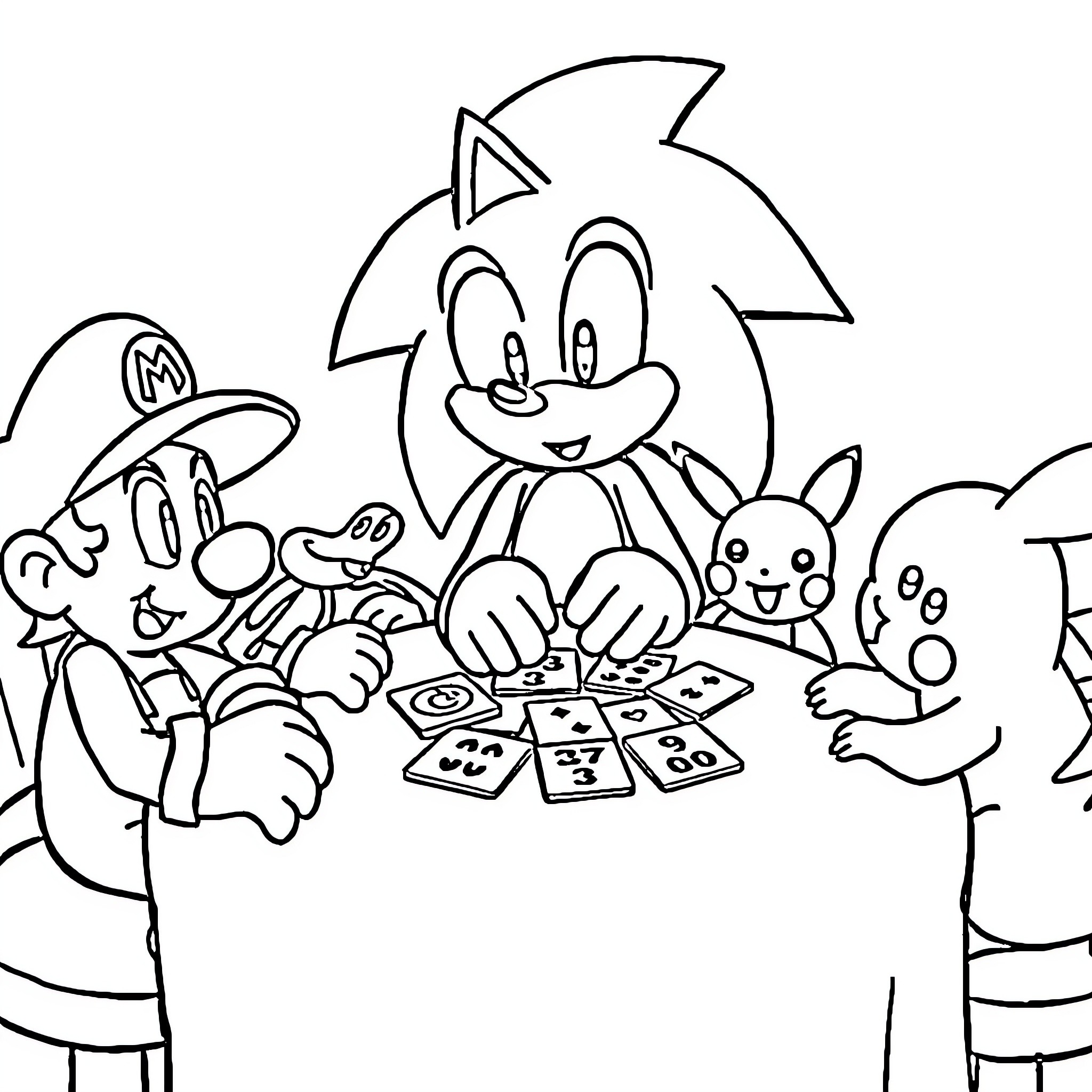 Sonic and Friends Playing Card Games Together Coloring Page (free black-and-white line drawing printable PDF for all, from beginners to advanced learners, including children, teens, adults, and seniors)