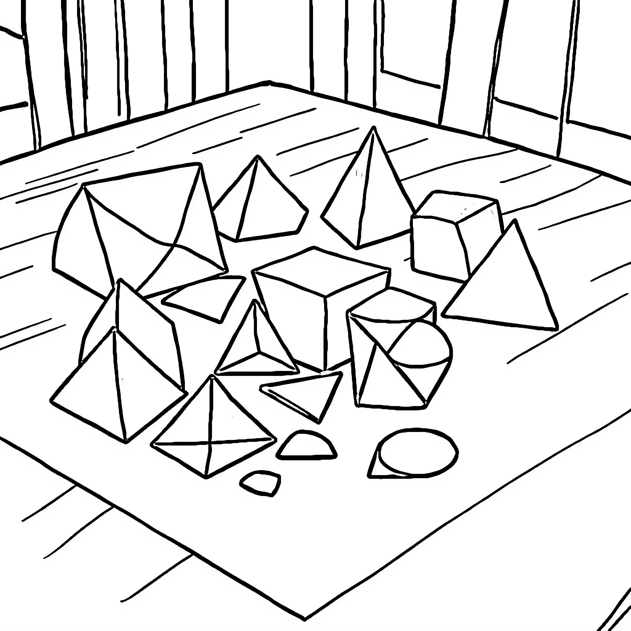 Geometric Figures on a Wooden Floor Coloring Page (free black-and-white line drawing printable PDF for all, from beginners to advanced learners, including children, teens, adults, and seniors)