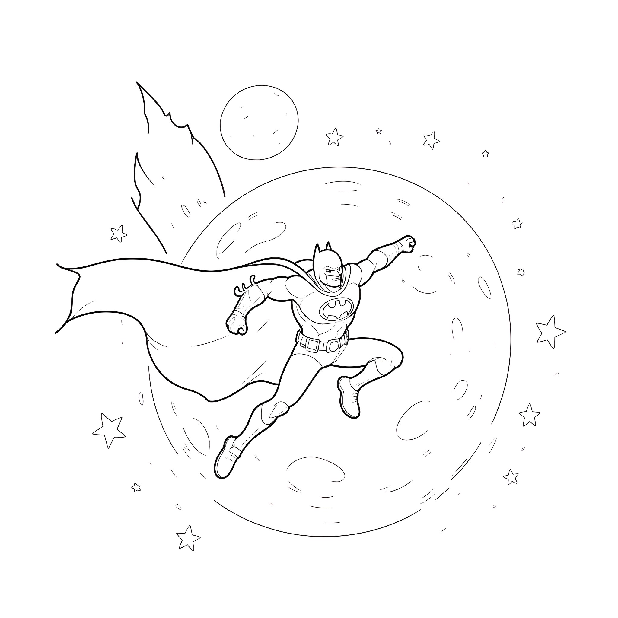 Batman soaring through the cosmic night sky Coloring Page (free black-and-white line drawing printable PDF for all, from beginners to advanced learners, including children, teens, adults, and seniors)