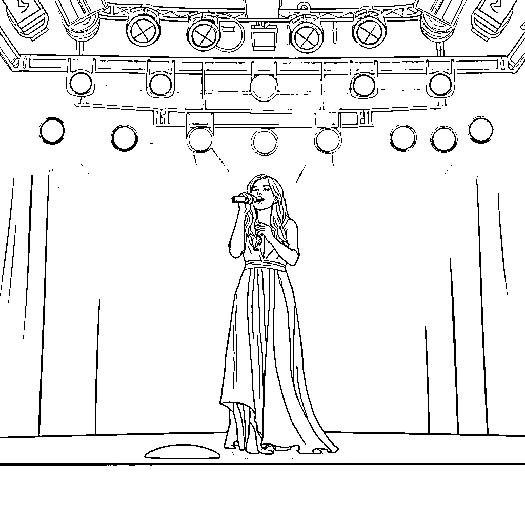 Aurora performing on a concert stage Coloring Page (free black-and-white line drawing printable PDF for all, from beginners to advanced learners, including children, teens, adults, and seniors)