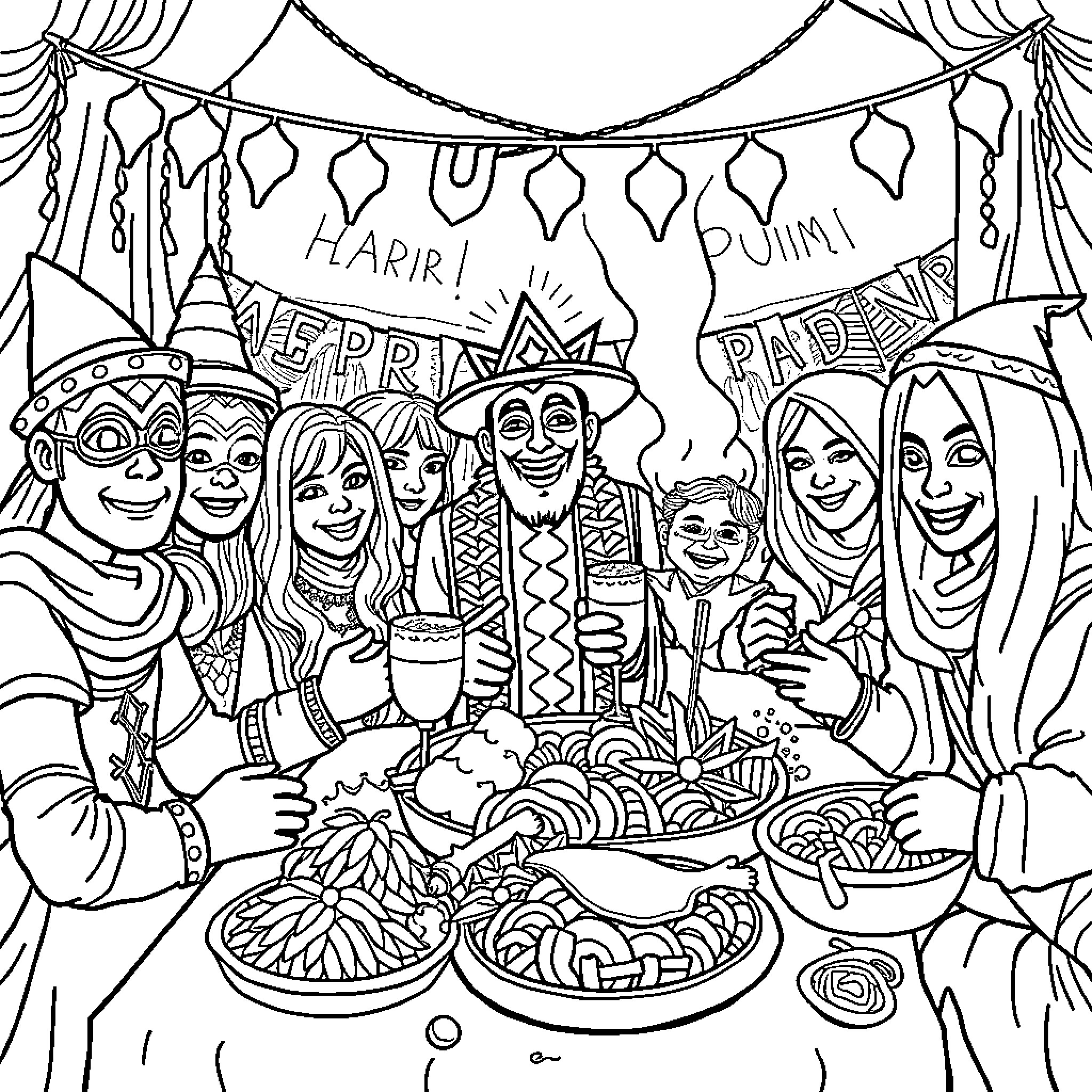 Purim Celebration with Festive Costumes and Decorations Coloring Page (free black-and-white line drawing printable PDF for all, from beginners to advanced learners, including children, teens, adults, and seniors)